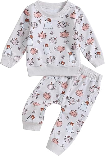 Ropa de bebé de Halloween, 2 piezas, linda sudadera de manga larga con estampado floral de calabaza, conjunto de sudadera y pantalones para niños y