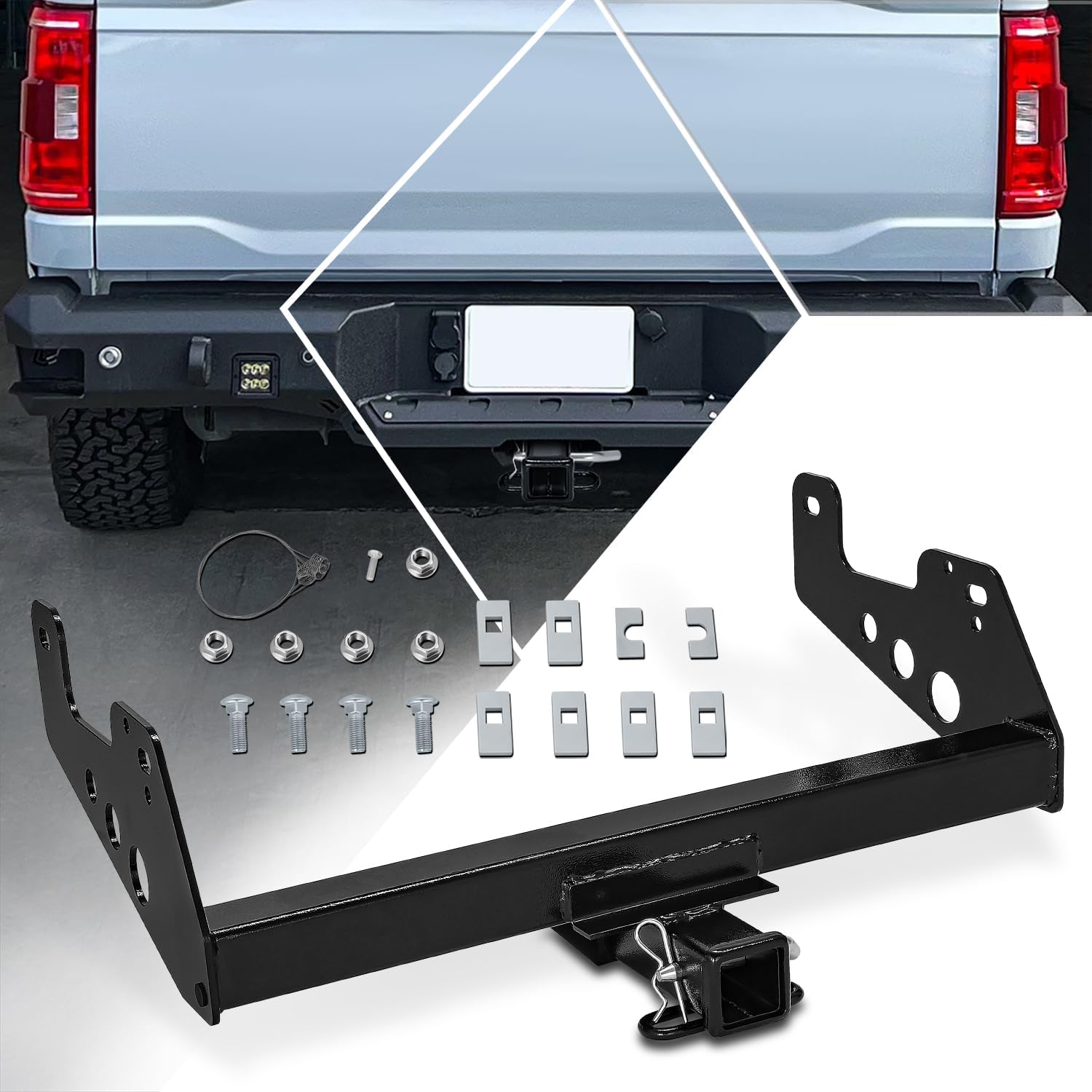 PM PERFORMOTOR Rear Class III Trailer Hitch, 2" Receiver Tube, Compatible with 2015-2024 Ford F-150, Carbon Steel, Powdercoated Gloss Black, 2015 2016 2017 2018 2019 2020 2021 2022 2023 2024