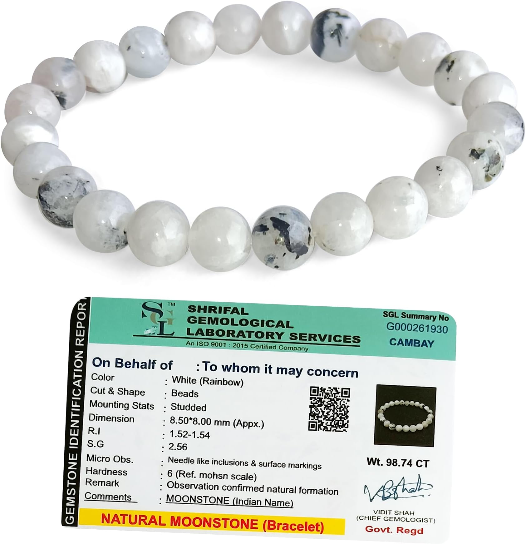 Original Rainbow Moonstone Bracelet with Lab Certificate for Unisex Adult Natural Energised Moon Stone Bracelet for Peace, Relationship, Emotional & Chakra Healing & Positivity - 8MM Beads