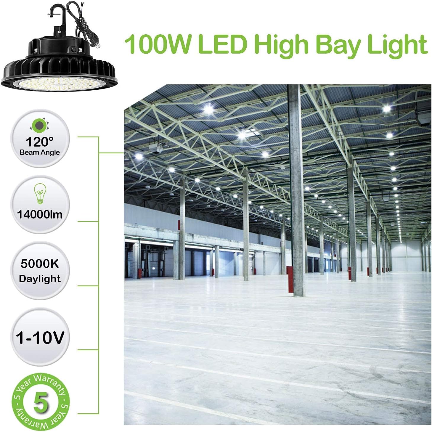 Greatest Product hykolity LEDhigh Bay Light 100W 1-10V Dimmable 5000K 14,000lm UFO LEDhigh Bay Light Fixture, 5' Cable W/ US Plug [175W/250W MH/HPS Equiv.]100-277V, Commercial Warehouse Area Light for Wet Location