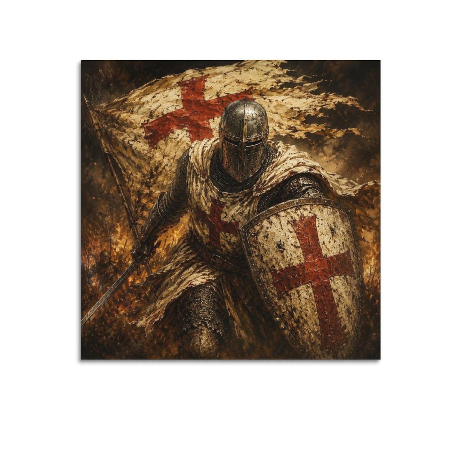 XKUGA Templar Knight Burning Poster Vintage Sacred Shield Charge Modern Decorative Canvas Prints - Ideal Wall Art for Family, Man Cave, Game Room, Boys & Girls Bedroom 28x28inch(70x70cm)