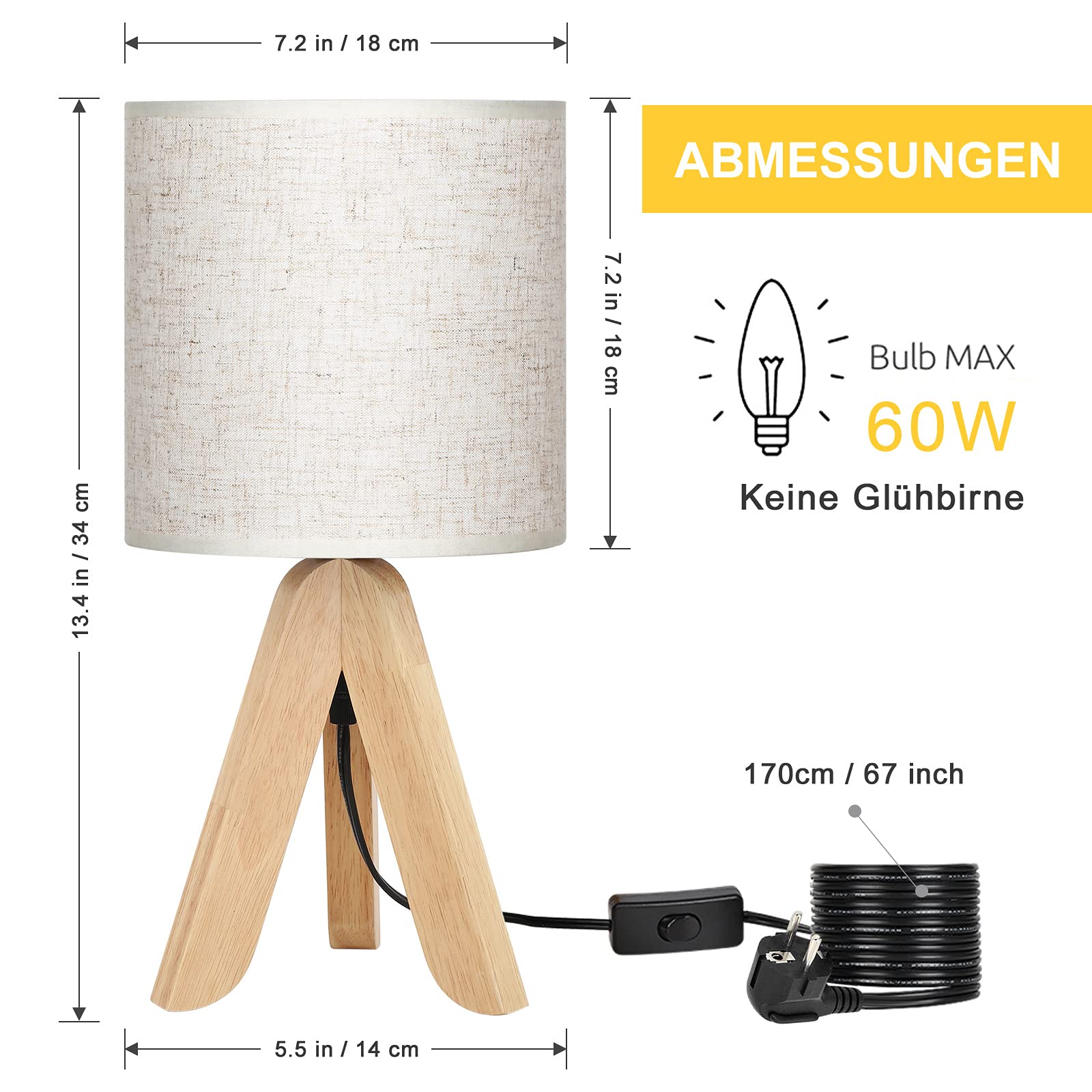 2er Set Tischlampe mit Holz-Stativ und Leinenschirm, Schaltbare Nachttischlampe mit Kabel-Schalter für Schlafzimmer, Wohnzimmer - Warmweißes Dekolicht (Ohne Birne)