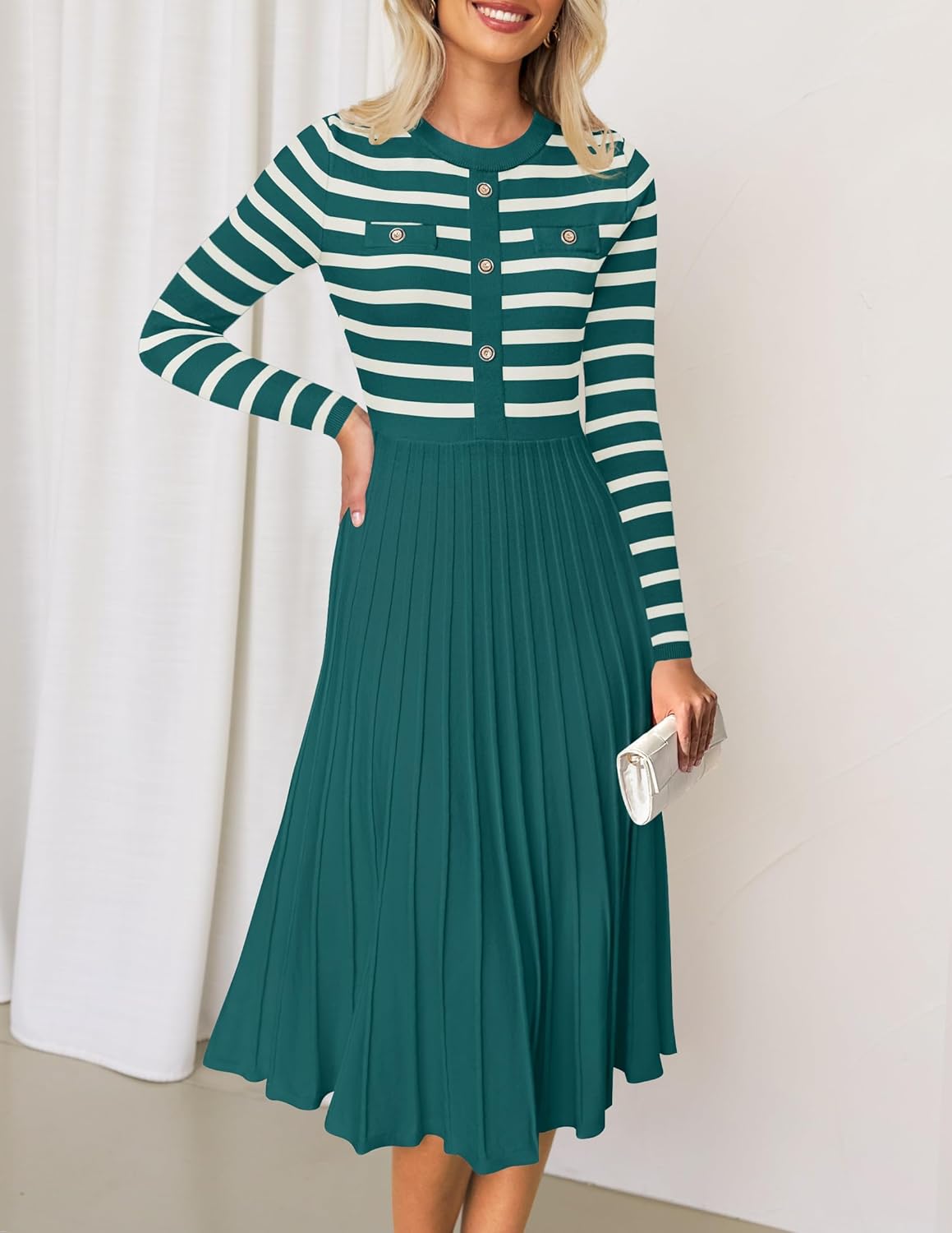 ZESICA Womens Long Sleeve Striped Midi Dresses Crewneck Button Ribbed Knit Pleated A Line Swing Sweater Dress - Image 2