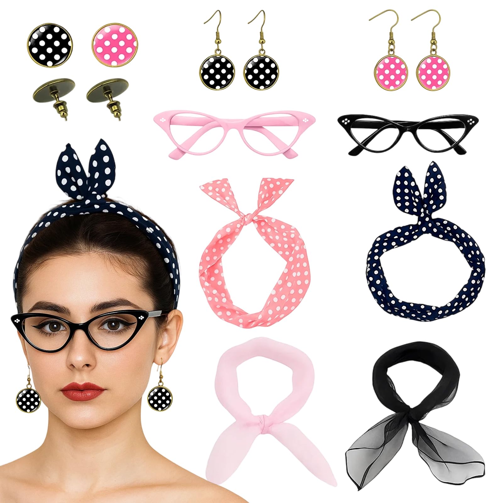 ZcrPrn 10 PCS 50s Accessories for Women, Retro 50s Costume Set with Cat-Eye Glasses, Polka Dot Headbands, Scarves and Earrings, Fancy Dress for Adults Women, Halloween Costumes, Theme Parties