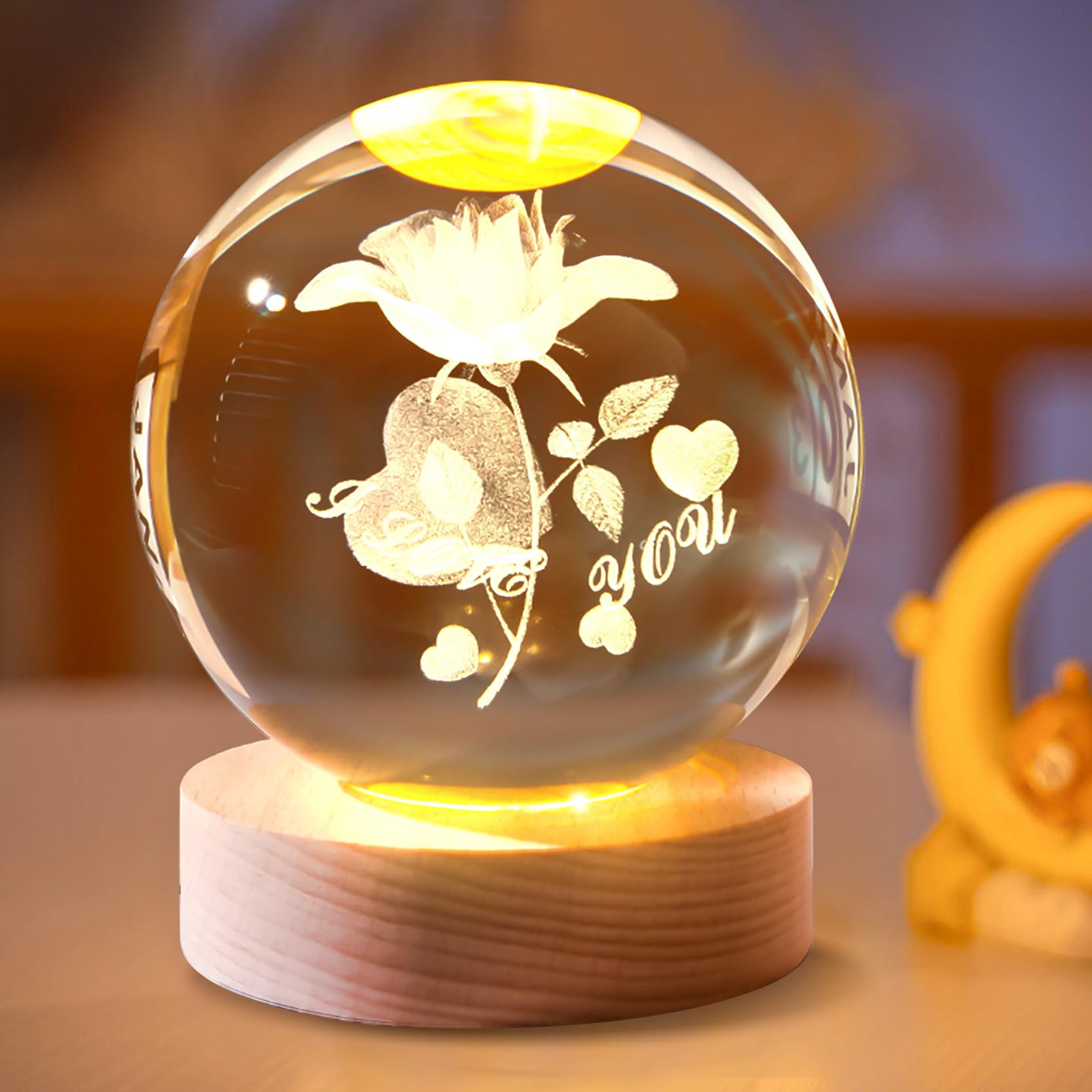 Uposao Luce Notturna a Sfera Di Cristallo, Luce Notturna a Sfera Di Cristallo 3D Con Base in Legno Lampada Da Comodino USB Decorazioni Per La Casa Per Regalo Di Ringraziamento Di Compleanno