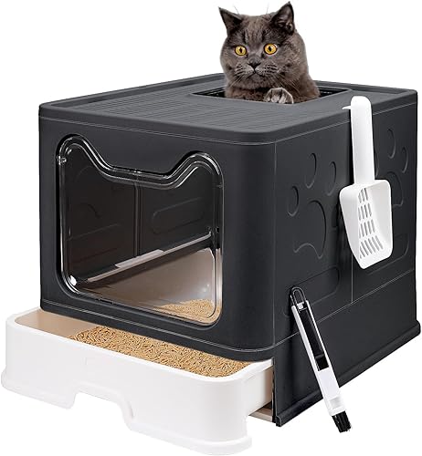 Caja de arena plegable para gatos con tapa, orinal cerrado para gatos, inodoro para gatos antisalpicaduras, fácil de limpiar, incluye pala de arena