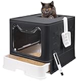 Foldable Cat Litter Box with Lid, Enclosed Potty, Large Top Entry Anti-Splashing Toilet, Easy to Clean Including Litter Scoop and 2-in-1 Cleaning Brush (Black)
