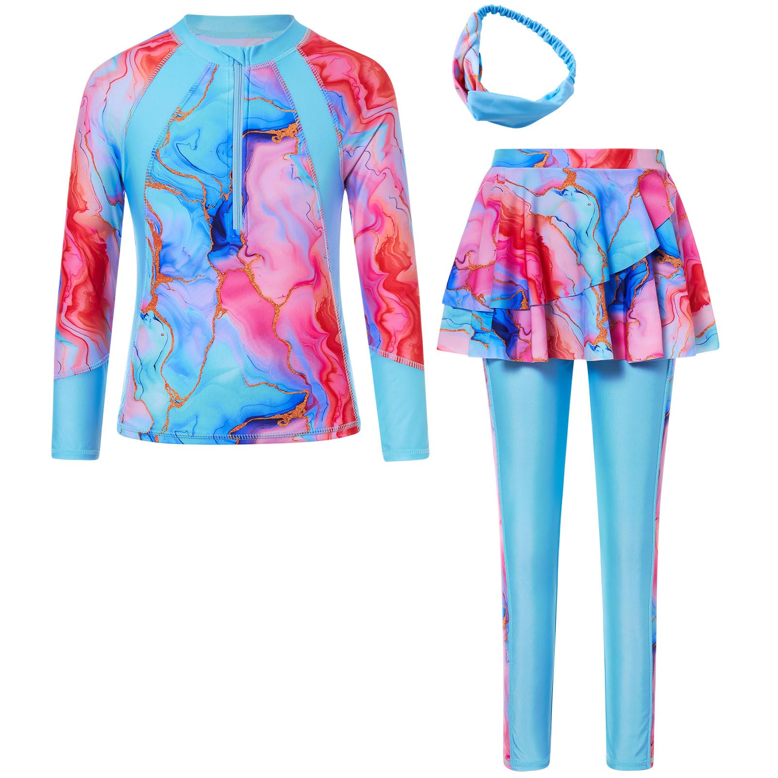 Girls Long Sleeve Rashguard Half Zip Swimsuits UPF 50+ Two Piece Swim Sets with Hairband 5-12Y