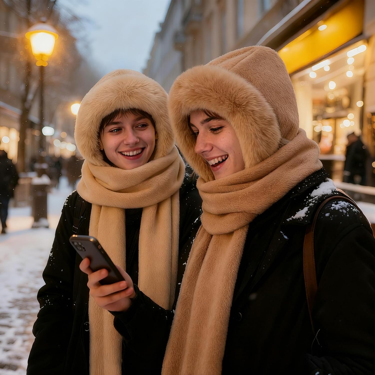 Hooded Scarf for Women Winter - Faux Fur Scarf Hat Gloves 3 in 1 Set Soft Thick Warm - Image 5