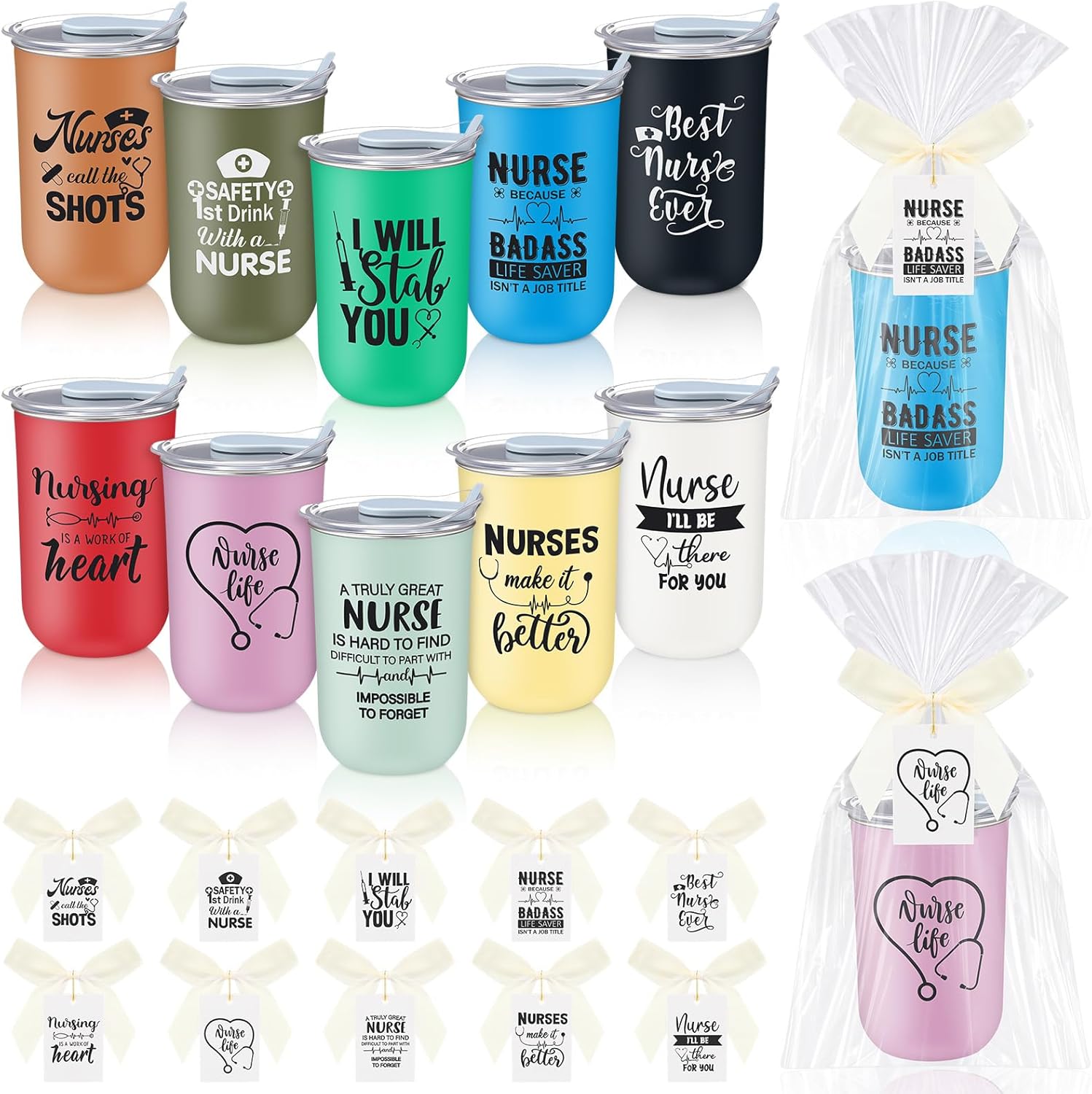 Mifoci 10 Pack Nurse Gifts Bulk for Women Insulated Tumblers with Gift Bags, 10 oz Stainless Steel Insulated Coffee Cups with Lids, RN LPN Appreciation Gift for Nurse's Day Grad (Classic,10 Colors)