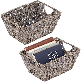 mDesign panier fibre naturelle avec poignées (lot de 2) - panier en osier pour chambre à coucher, salon, salle de bain etc. - panier rangement pour articles ménagers en jonc de mer - gris