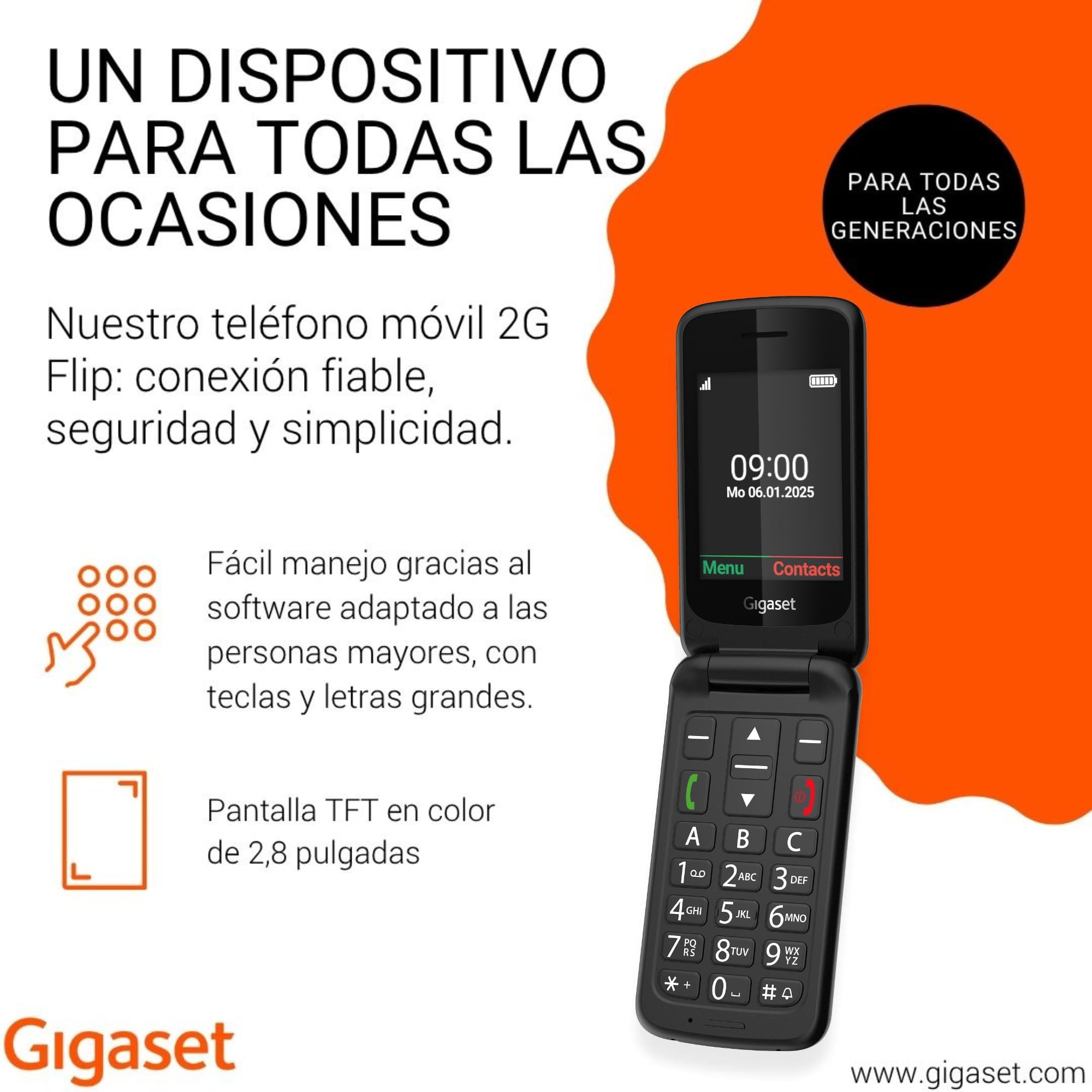 Gigaset GL595 Flip Móvil para Personas Mayores, Botón SOS, Negro | Teclas grandes, resistente a polvo y salpicaduras, sin contrato, pantalla TFT