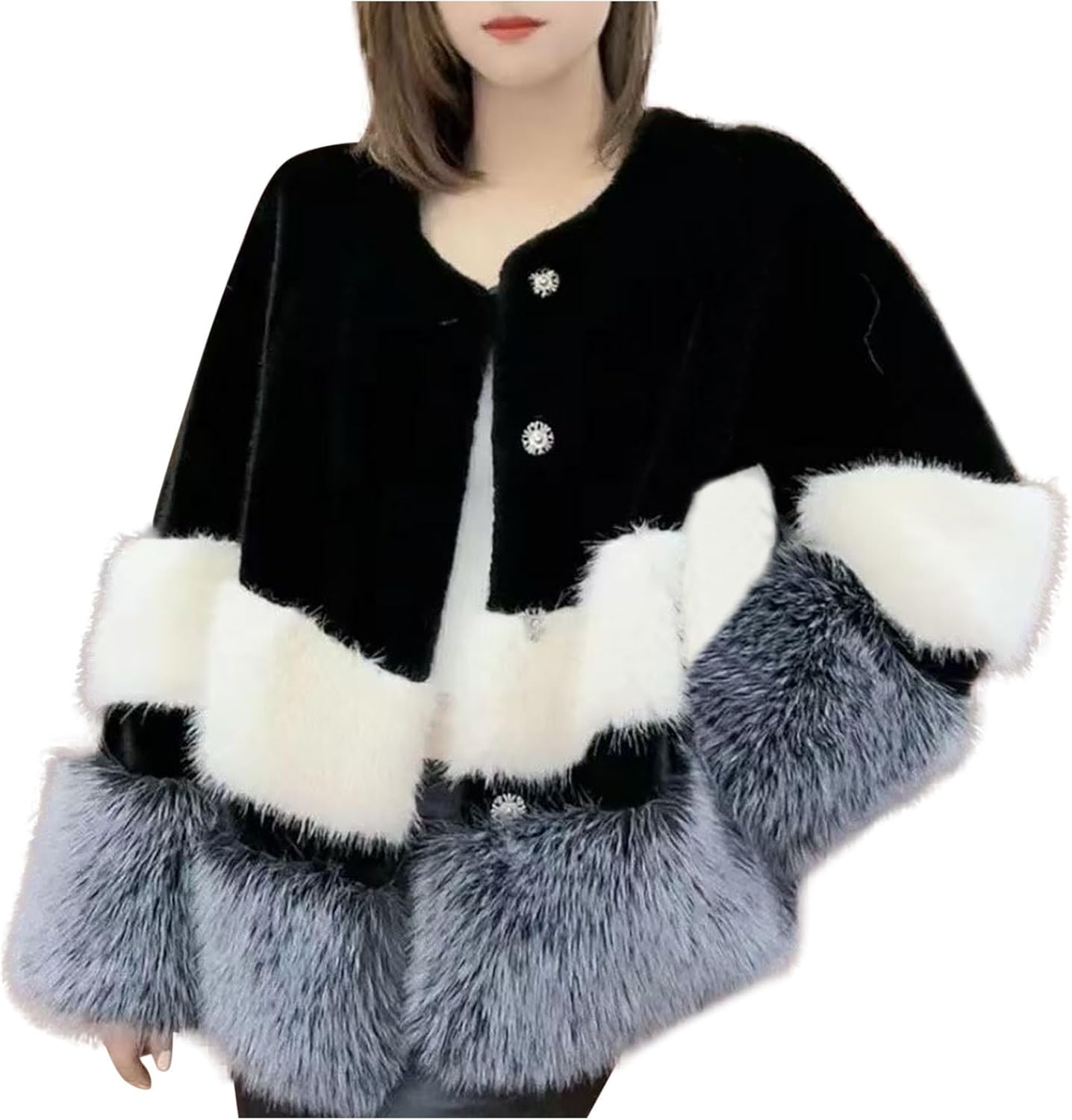 Womens Faux Fur Cape Coats 2025 Winter Thermal Color Block Wrap Coat Stylish Vintage Button Shaggy Plush Outerwear