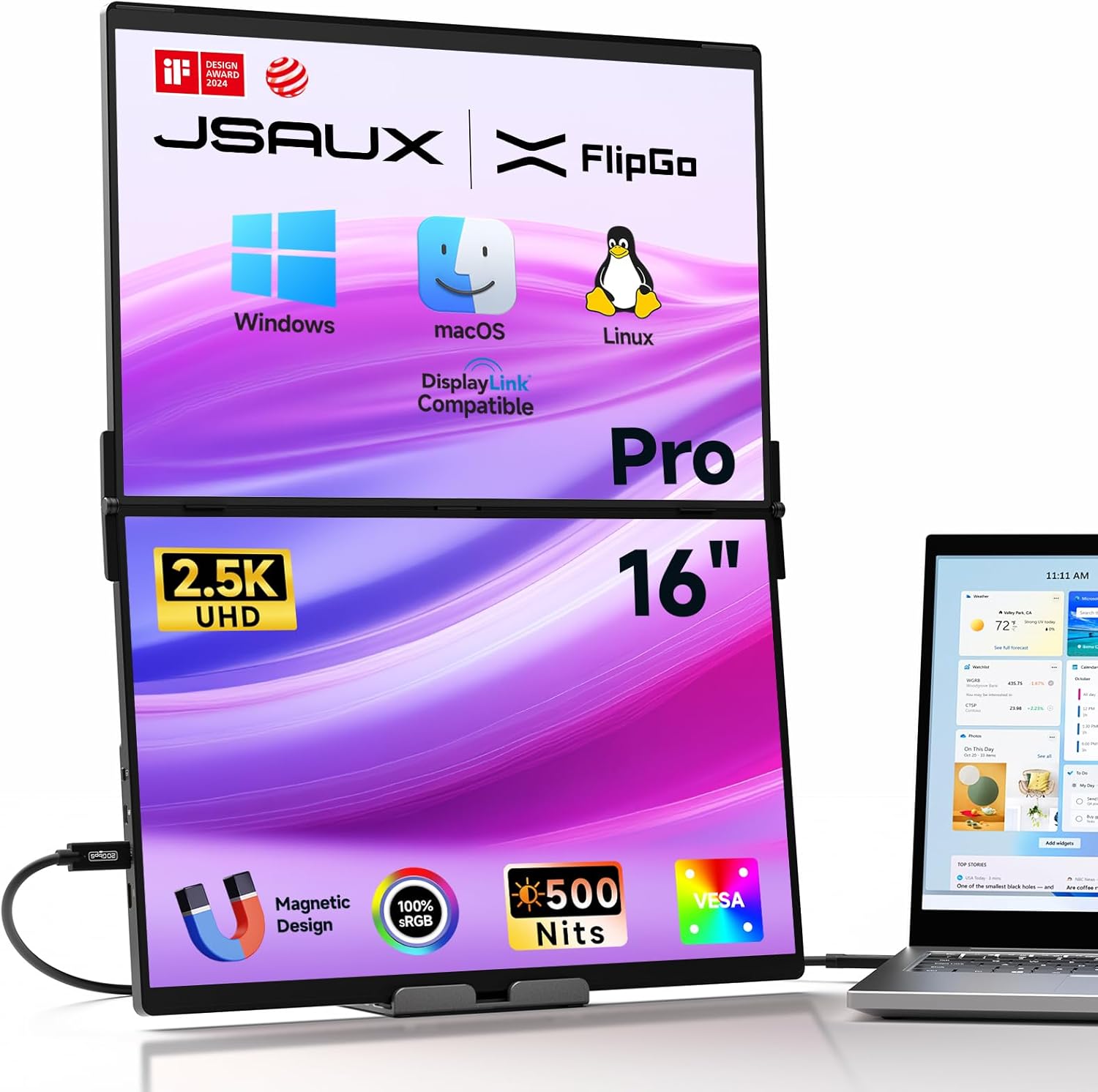 JSAUX FlipGo Pro 16″ Dual Portable Monitors, 2.5K Triple Laptop Screen Extender, Portable IPS Dual-Screen Monitor for Laptop[Windows/Linux/macOS] One Cable to Dual/Magnetic Design/DisplayLink/HiDPI