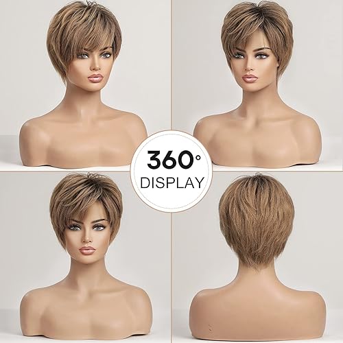 Miniatura 8 de EMMOR Peluca de encaje frontal HD, peluca de cabello humano con flequillo, peluca corta natural en capas, ondulada, diferentes estilos, pelucas