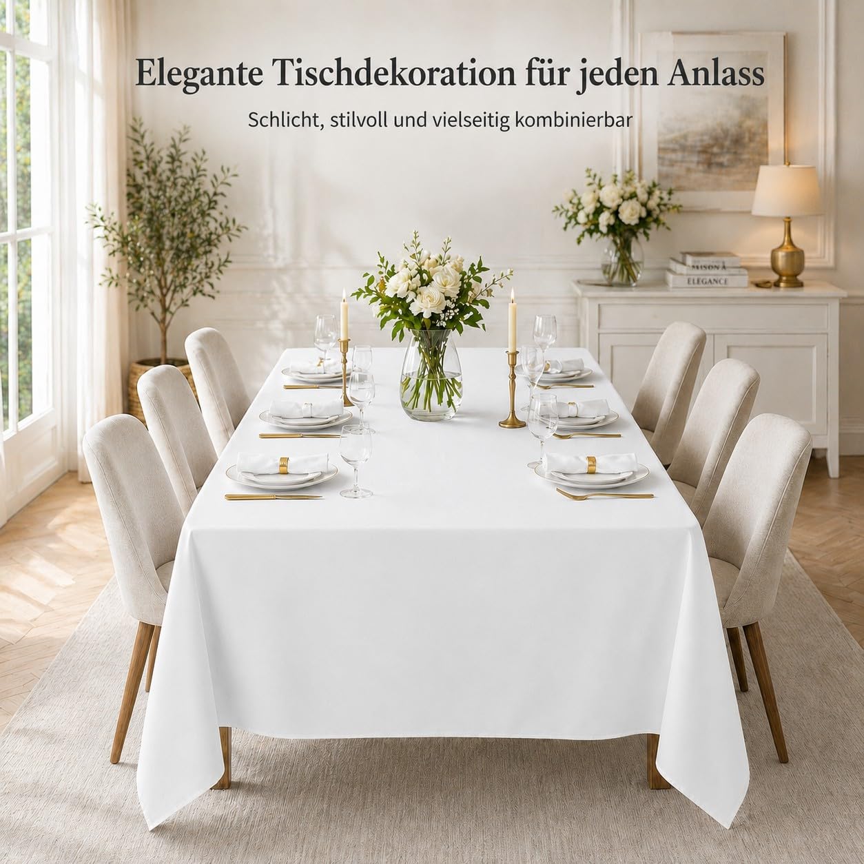 Pesonlook 4er-Set Rechteckige Tischdecke Weiß, 153 x 320 cm, Polyester-Tischtuch Waschbar, Wasserabweisend und Fleckenabweisend, Stofftischdecke für Hochzeit, Bankett, Party, Buffet