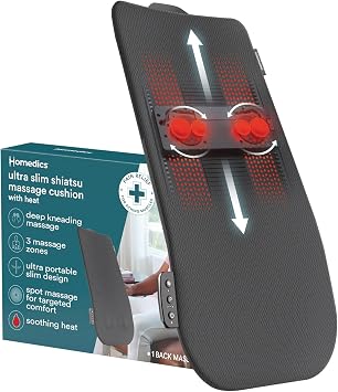Homedics Ultra Slim Shiatsu Massage Cushion with Heat Full Back Coverage, Deep Kneading Massage, 3 Zone Control Upper/Lower/Full, Soothing Heat, Slim Profile, Portable Design, Fits Most Chairs