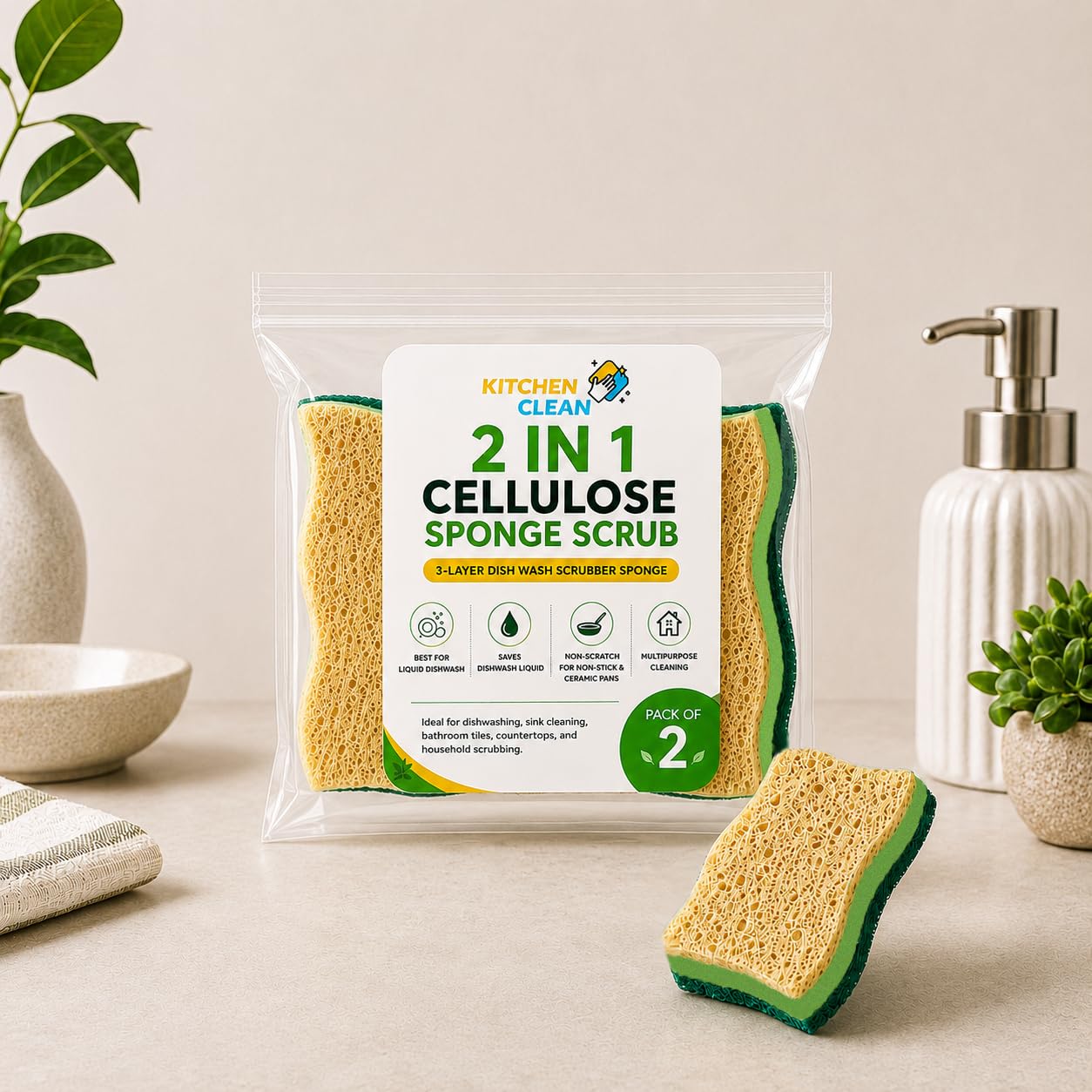 Kitchen Clean 2 in1 Cellulose Sponge Scrub, Scrub Sponges for Non Stick Ceramic Pans, 3-Layer Dish Wash Juna Spark Brite Scrubber Sponge for Liquid Dish Wash Safe for Non-Stick Cookware (Pack of 2)-image-45