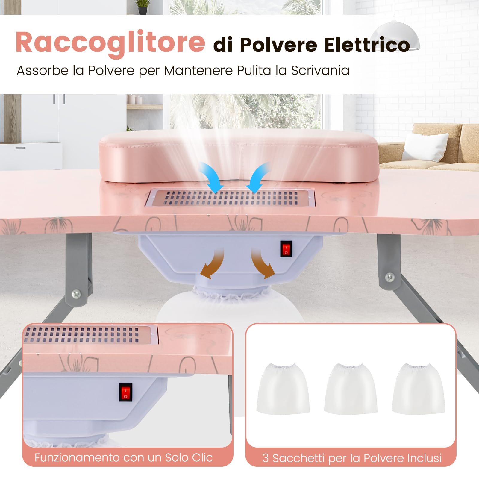 COSTWAY Tavolo per Manicure Pieghevole con Aspiratore, Tavolo per Unghie Portatile con Luce LED Regolabile, Cuscino Poggia Polso Rimovibile, Borsa da Trasporto e 4 Ruote Bloccabili (Rosa)