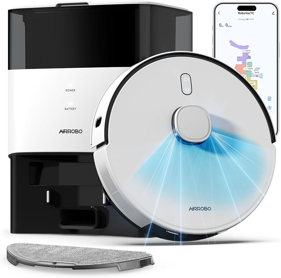 AIRROBO Robot Vacuum and Mop, 60-Day Self-Emptying, 6000PA Suction, Tangle-Free Brush for Pet Hair, Carpet Detection, LiDAR Navigation, APP & Voice Control, White