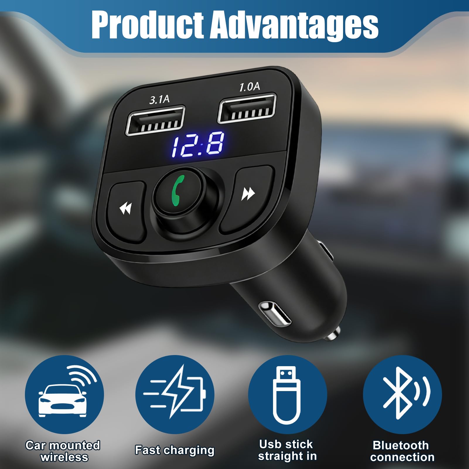 Transmisor FM Bluetooth Coche, Adaptador Coche MP3, Manos Libres Bluetooth con 2 USB, Llamadas Manos Libres, Soporte Unidad Flash USB y Tarjeta TF — view 4
