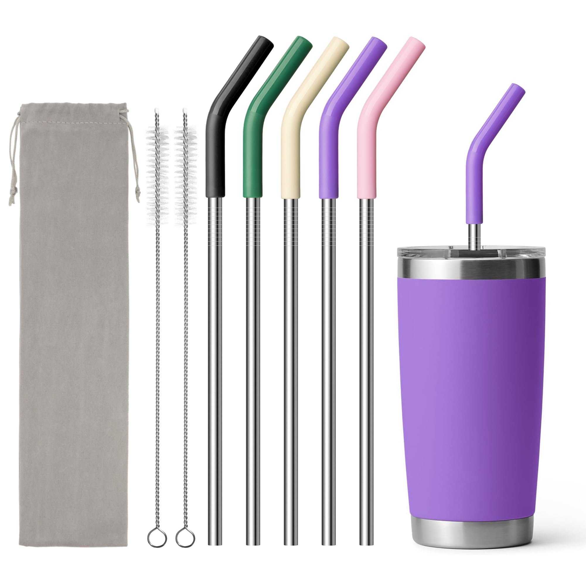 Diumepo Stainless Steel Straws for 20 oz Yeti Tumbler, 5 Pcs Metal Straws Reusable with Silicone Tip for 20 oz Stanley Cup and 16 oz Glass Tumbler,