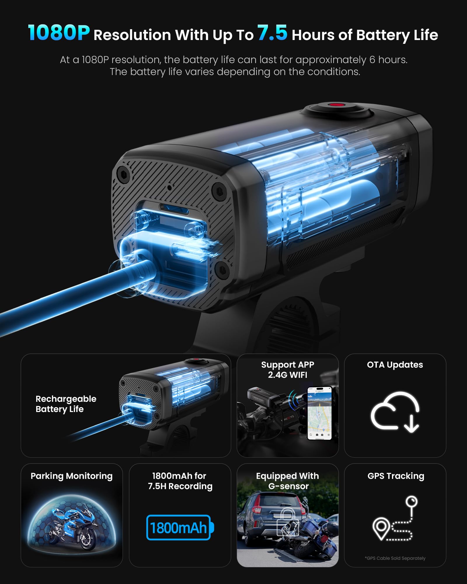 AKEEYO AKY-710Lite Telecamera per Moto/Bicicletta Telecamera WiFi 2K30FPS con Ultra HD, Impermeabile IP66 con Registrazione in Loop e di Emergenza, Monitoraggio Parcheggio, Batteria Estesa da 7,5 Ore