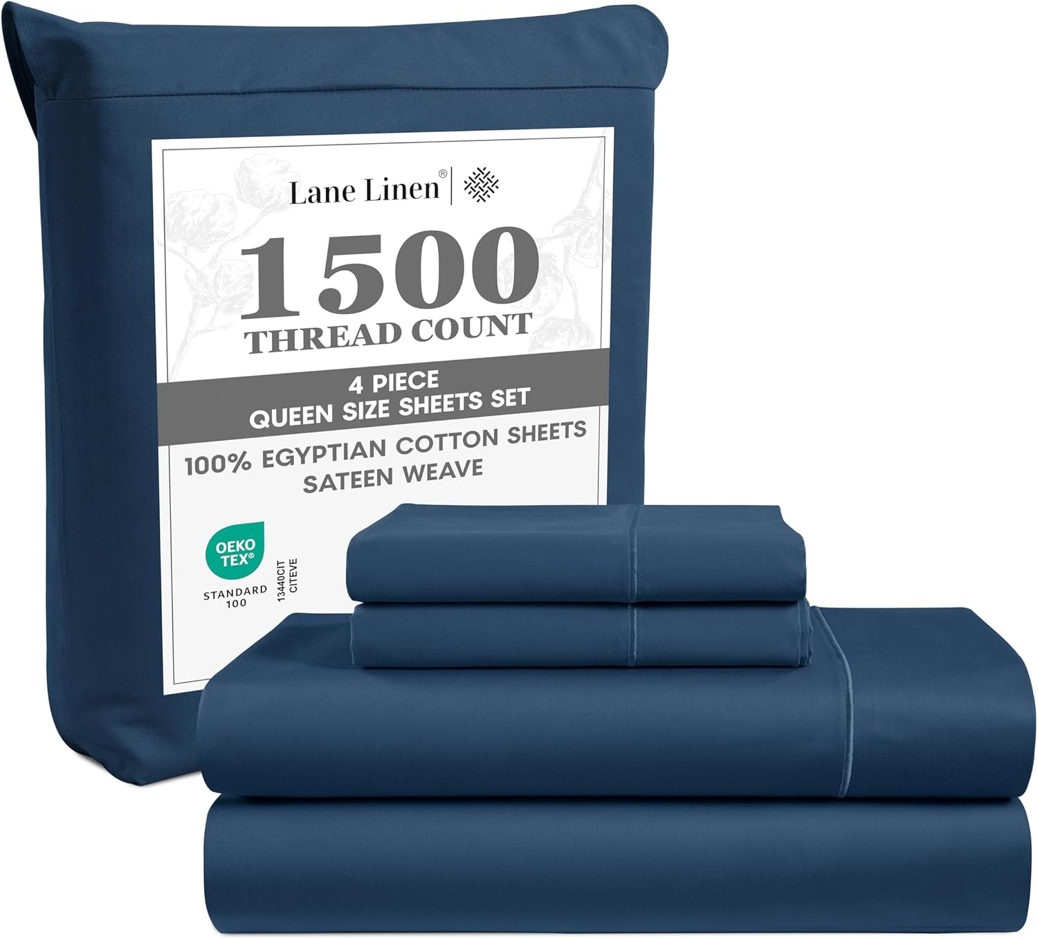 LANE LINEN 100% Egyptian Cotton Sheets Queen Size Set - 1500 TC, 4 PCs - Luxury Sateen Weave Cotton Sheet Set - Hotel Sheets Set - 15" Extra Deep Pocket Queen Sheet Set - Estate Blue