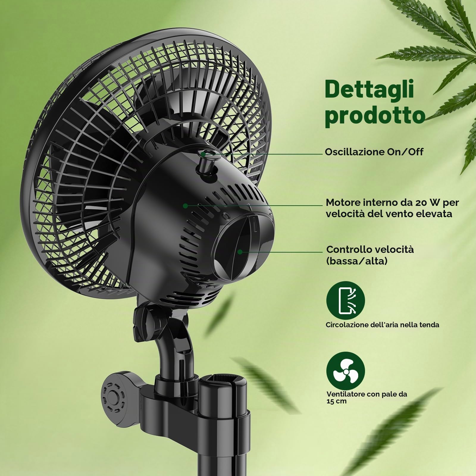 Ventola di crescita da 20 W con clip, ventilatore sedile posteriore auto 2 velocità (1500/2100 giri/min), oscillazione verticale di 120° e orizzontale di 90°, morsetto regolabile