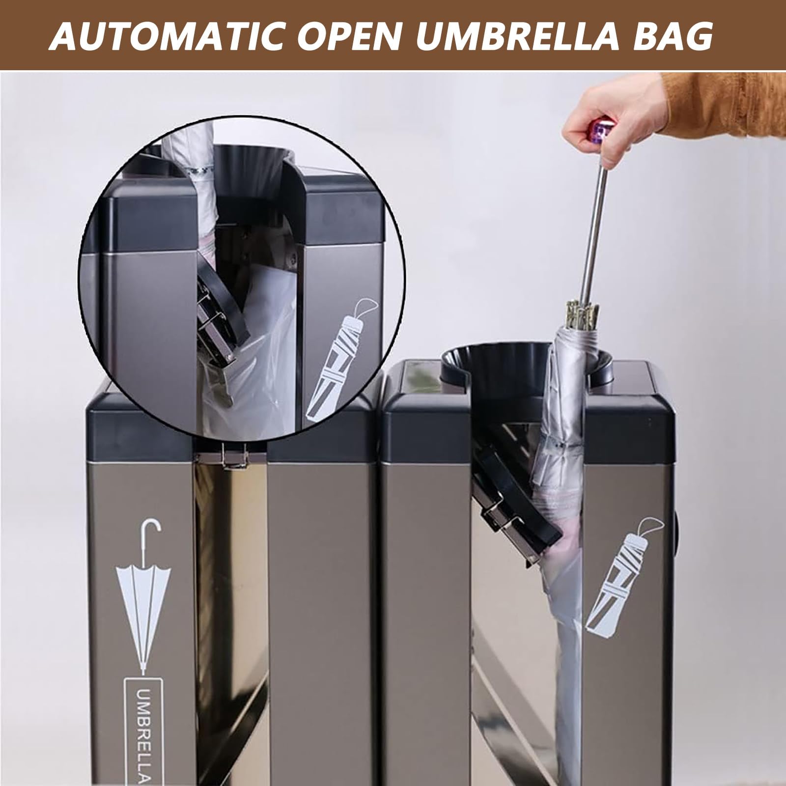 Machine d'emballage de parapluies humides Commerciale avec Distributeur de Sacs sur roulettes pour Bureaux et événements Professionnels. Solution Durable, Pratique et Peu encombrante.