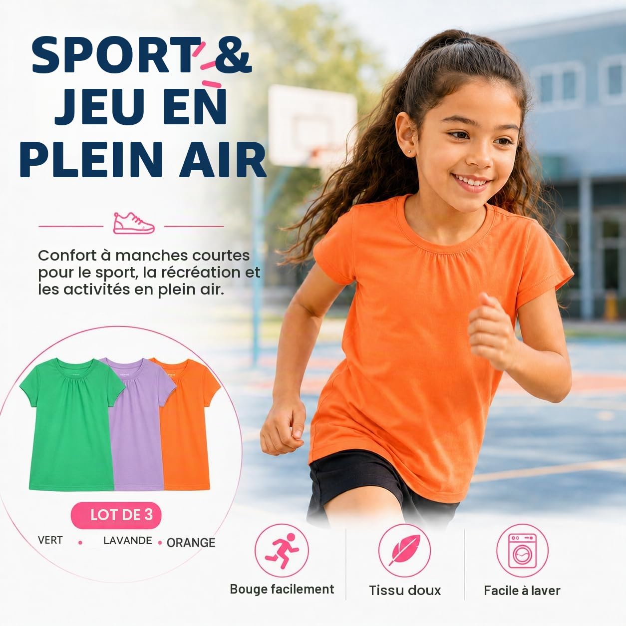 Bienzoe Fille Antimicrobien Séchage Rapide Manche Courte T-Shirt 3 pièces Pack