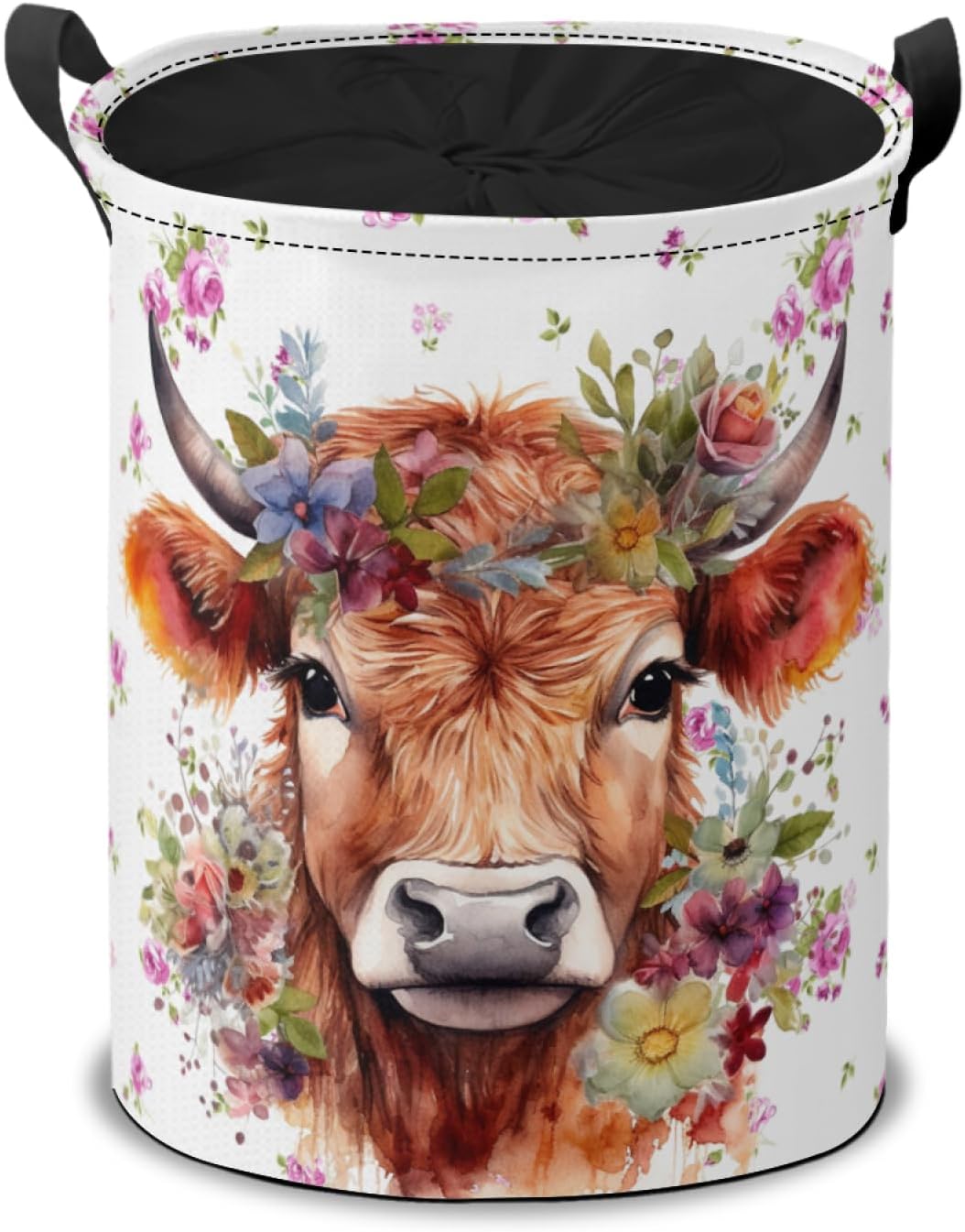 Highland Cow with Flowers Laundry Hamper Basket,Cattle Collapsible Portable Laundry Bag, Storage Bins Toys Storage Gifts Basket, Bedroom Home Nursery Decor for Baby Girl Women