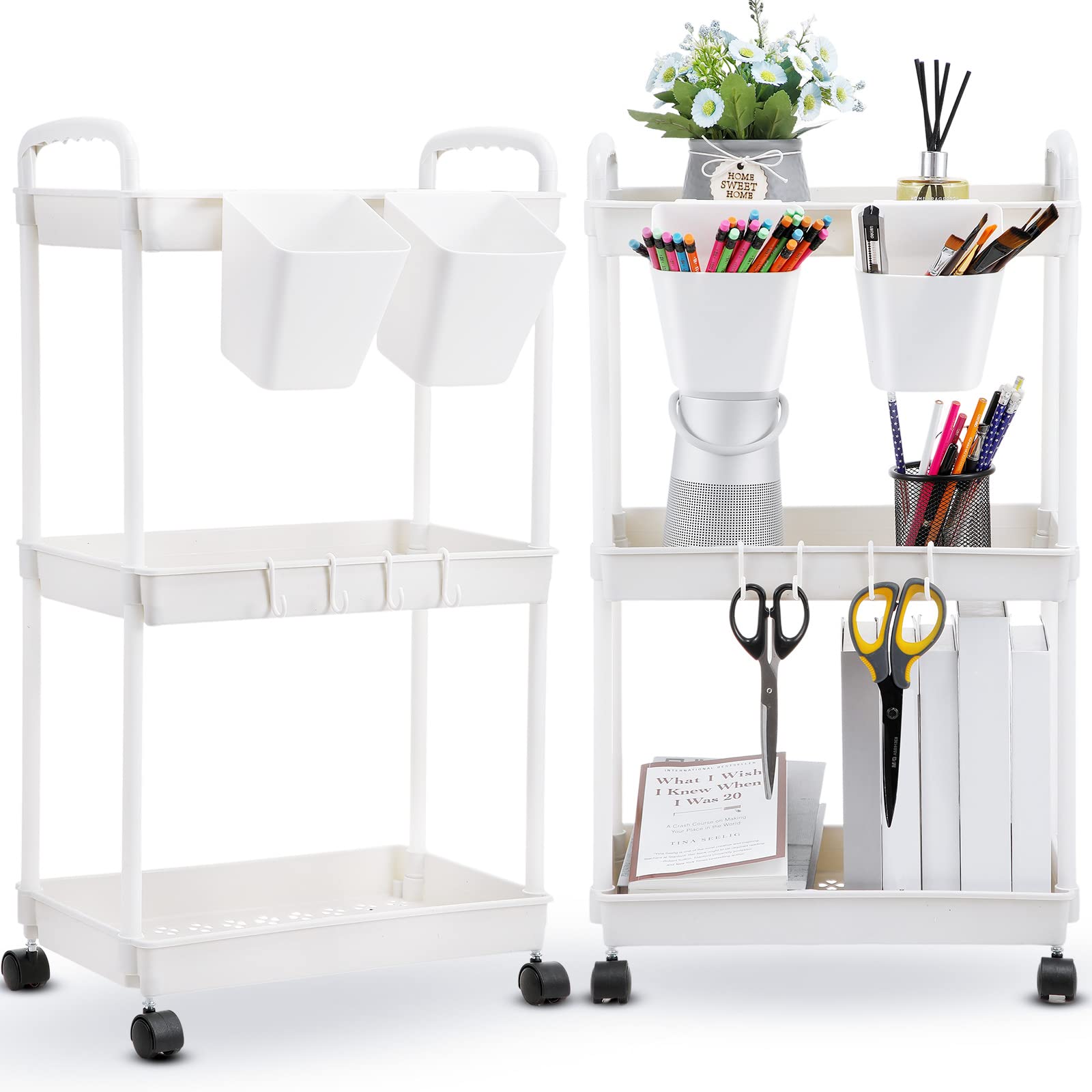 Photo 1 of Pinkunn 2 Pcs 3 Tier Rolling Utility Cart Organizer with Lockable Wheels Hanging Cup Hooks Plastic Storage Cart (White)