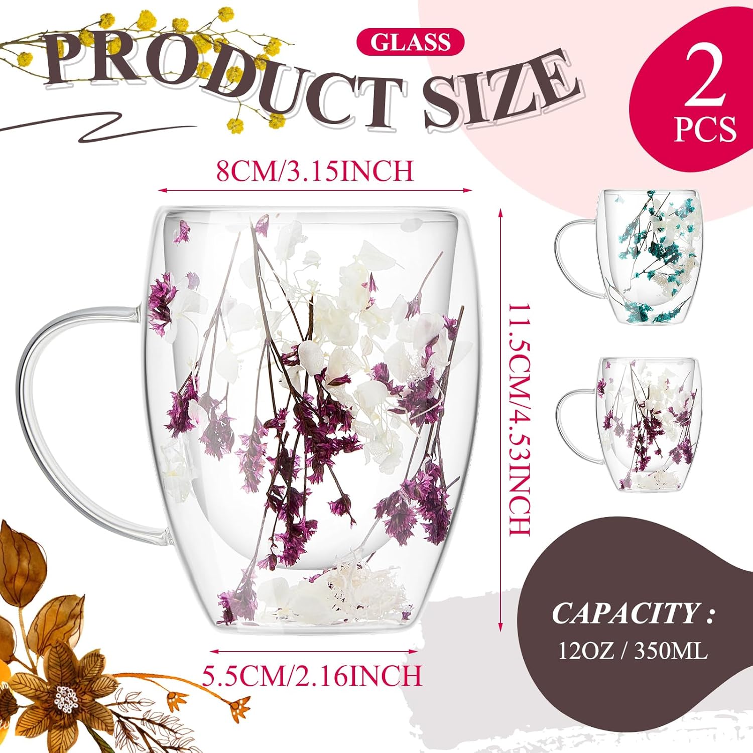 Rtteri 2 Pcs Double Wall Glass Coffee Mugs Clear Flower Coffee Mug with Handle 350 ml Creative Insulated Heat Resistant Coffee Cups for Tea Cappuccino Espresso Latte (Blue Flowers, Purple Flowers) - Image 2