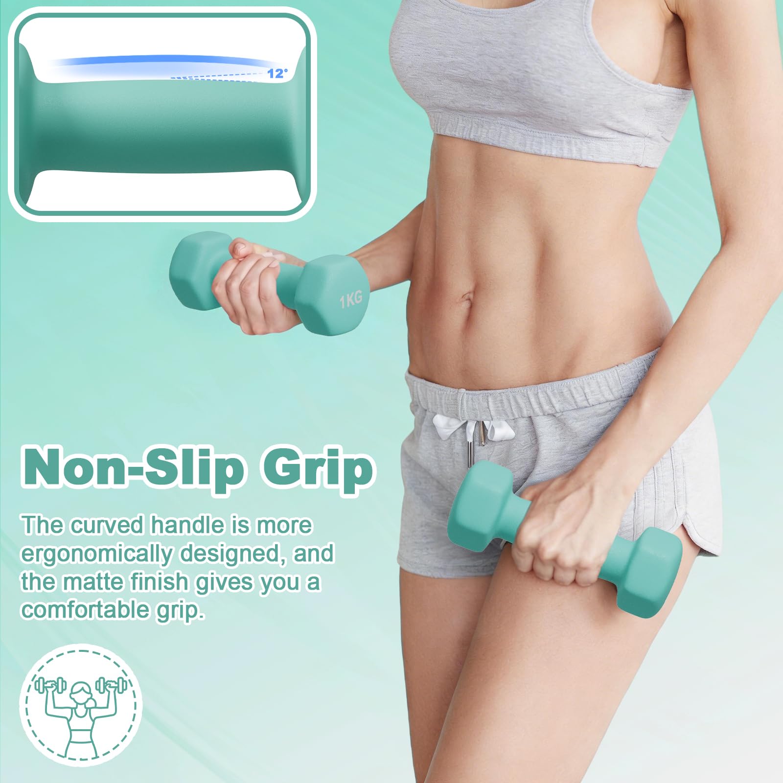 Dripex Set di manubri in neoprene con supporto, set di 6 manubri per sollevamento pesi, 12/18 kg, antiscivolo, compatto per palestra a casa