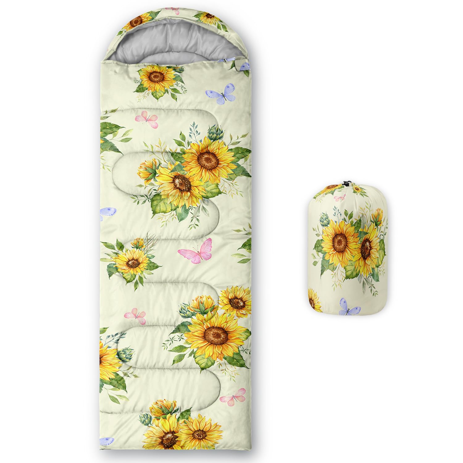 Sunflower Sleeping Bags for Adults Kids,Yellow Backpacking Camping Sleeping Bag for Girls Boys Lightweight Waterproof Cold/Warm Weather Sleeping Bag for All Season Outdoor Travel with Compression Bags