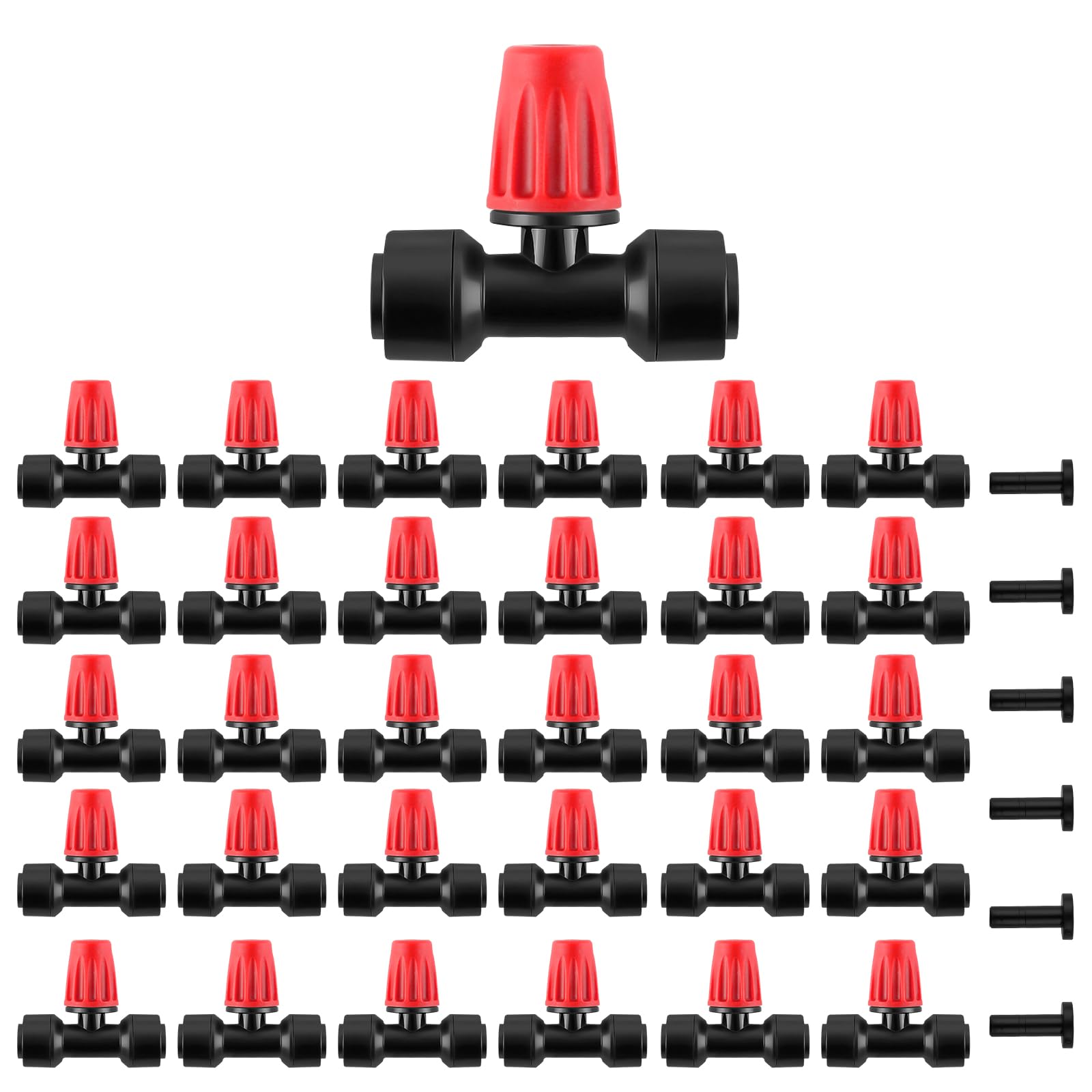 Kalolary Push-to-Fit Misting Sprayers, 30pcs Quick Connect Drip Irrigation Mist Emitters with 6pcs Plugs for 1/4 Inch Tubing, Fine Spray Watering for Garden Drip Irrigation System (Red-Misting)