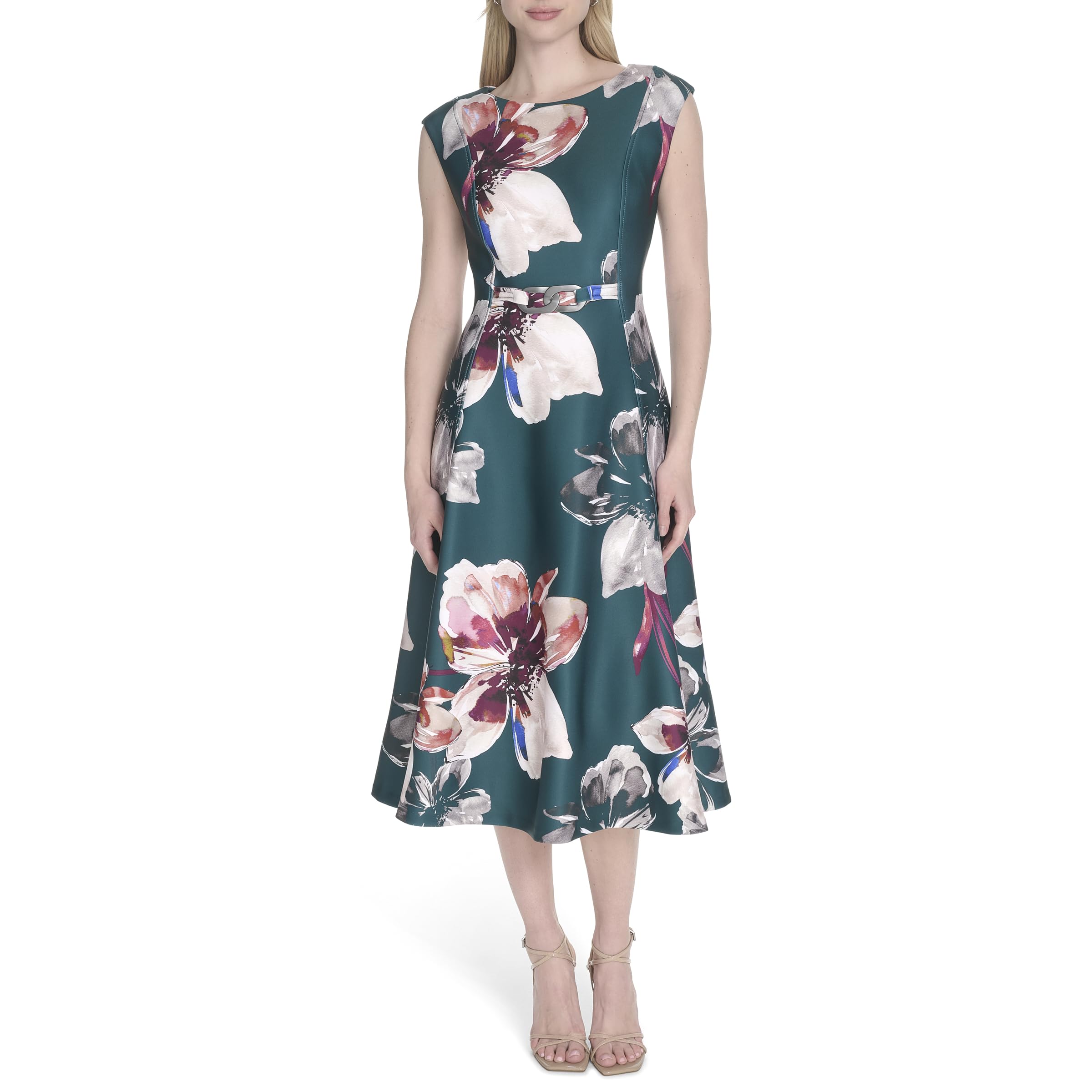 Calvin Klein Sleeveless Floral Print Scuba Crepe A-Line Dress with Hardware Vestito Donna