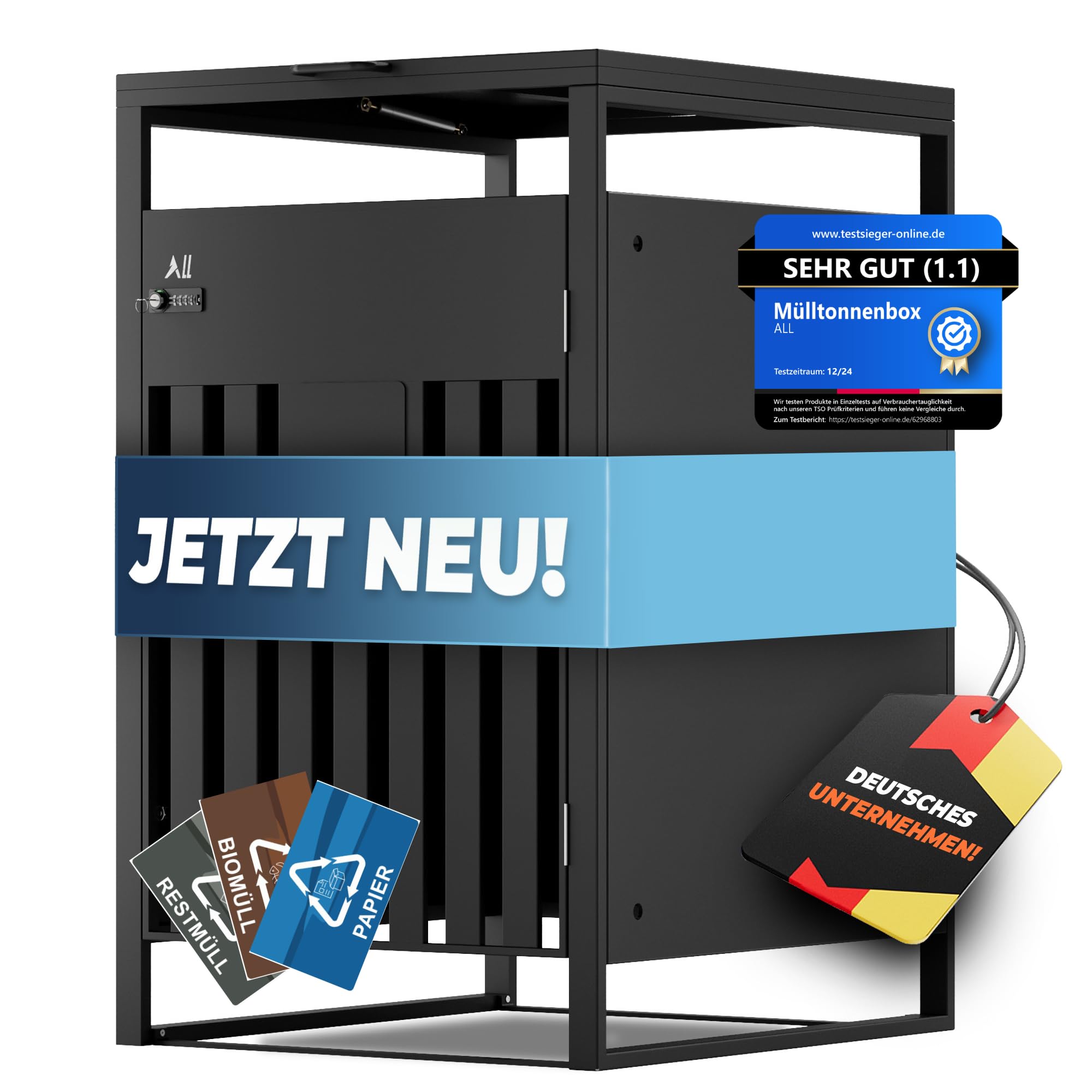 ALL Premium Mülltonnenbox 1er – Abschließbar & wetterfest, für Garten, Hof & Straße, beliebig erweiterbar, legierter Stahl robust & langlebig