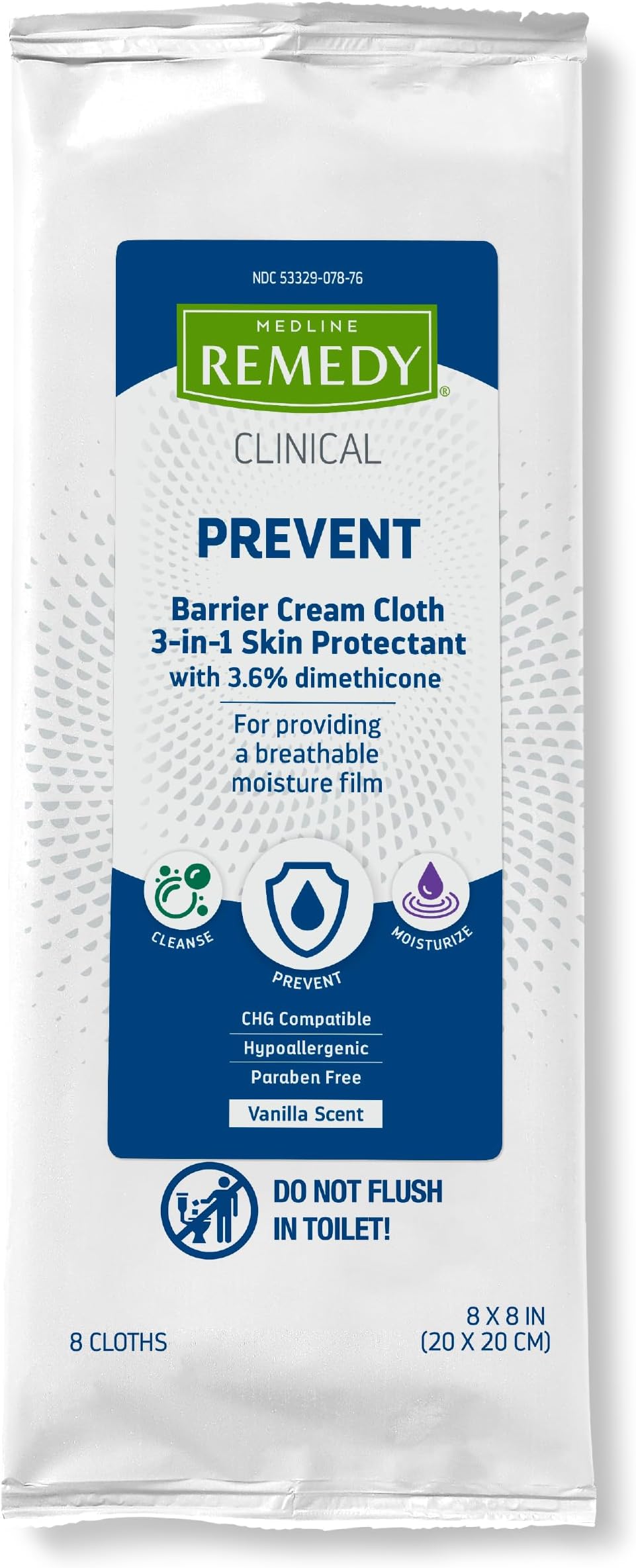 Medline Remedy Clinical 3-in-1 Barrier Cream Cloth, 8 count (32 Packs), 8 x 8...
