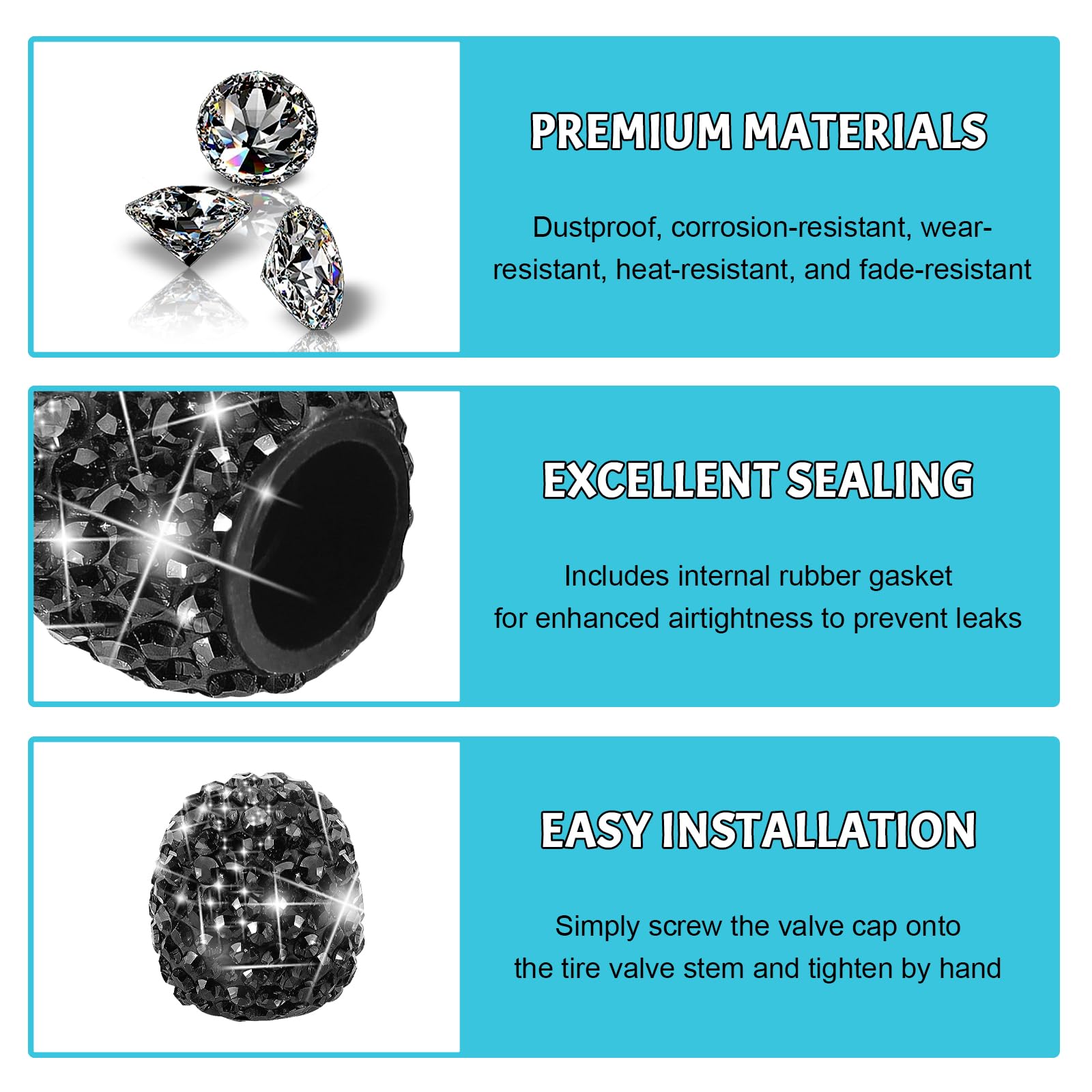 4Stück Ventilkappen Auto,Universelle Kristall Diamant Glitzer Strass Reifenventilkappen,Strass Ventilkappen Fahrrad,Ventilschaftdekoration für Autos,Kfz-Reifenventilstecker mit Strasssteinen (Schwarz) - 4