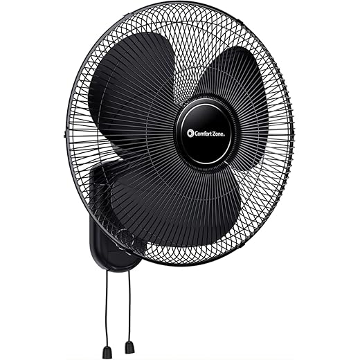 Comfort Zone 16-Inch Oscillating Wall Mount Fan – Quiet 3-Speed Indoor Fan with 60° Adjustable Tilt, Pull-Chain Control & Durable Metal Grille – Space-Saving Cooling for Home, Office, & Greenhouse