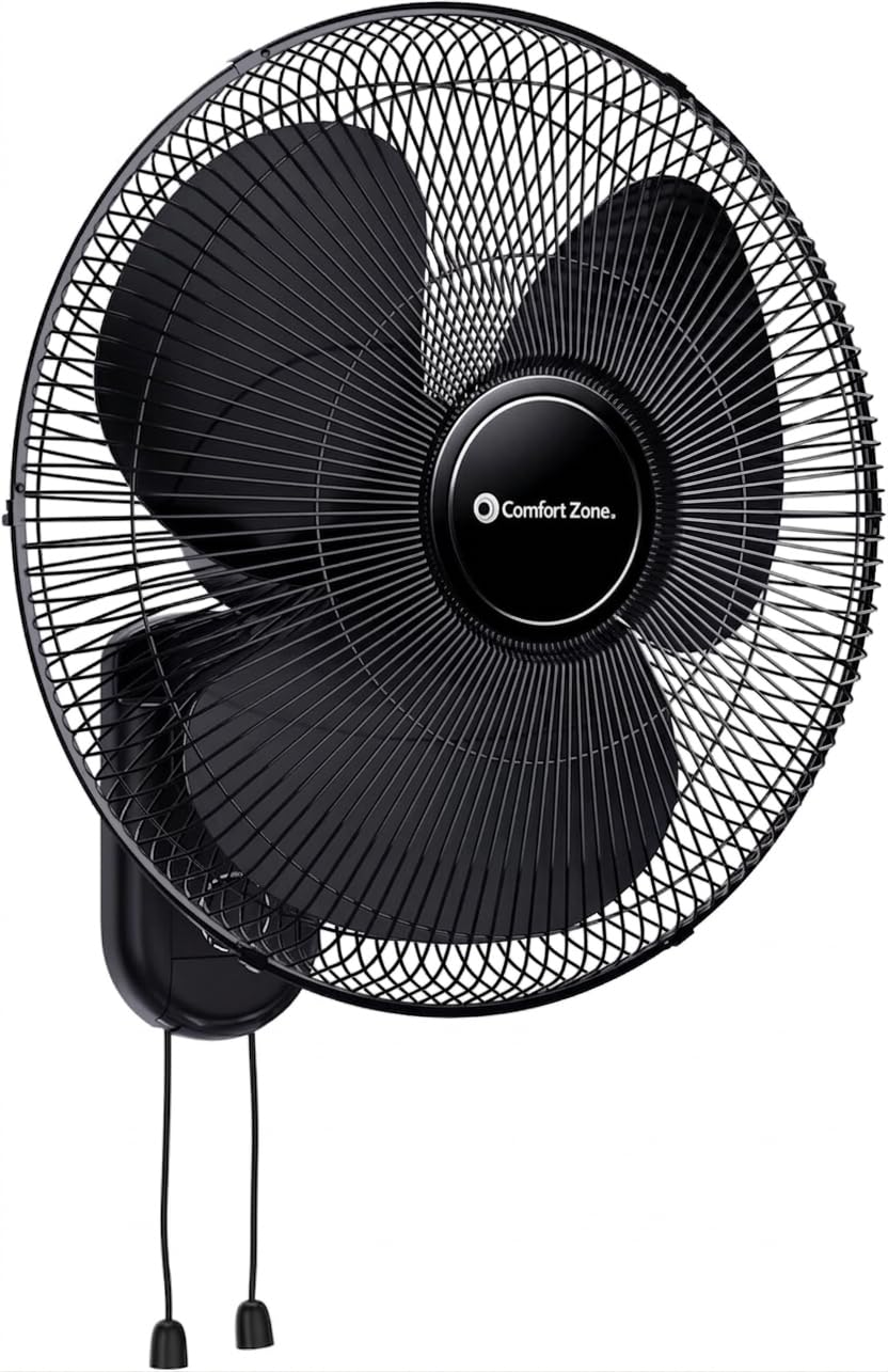 Comfort Zone Ventilatore oscillante da parete, 40,6 cm, 3 velocità con inclinazione regolabile e griglia metallica, oscillazione di 90 gradi, ideale per casa, camera da letto, palestra o