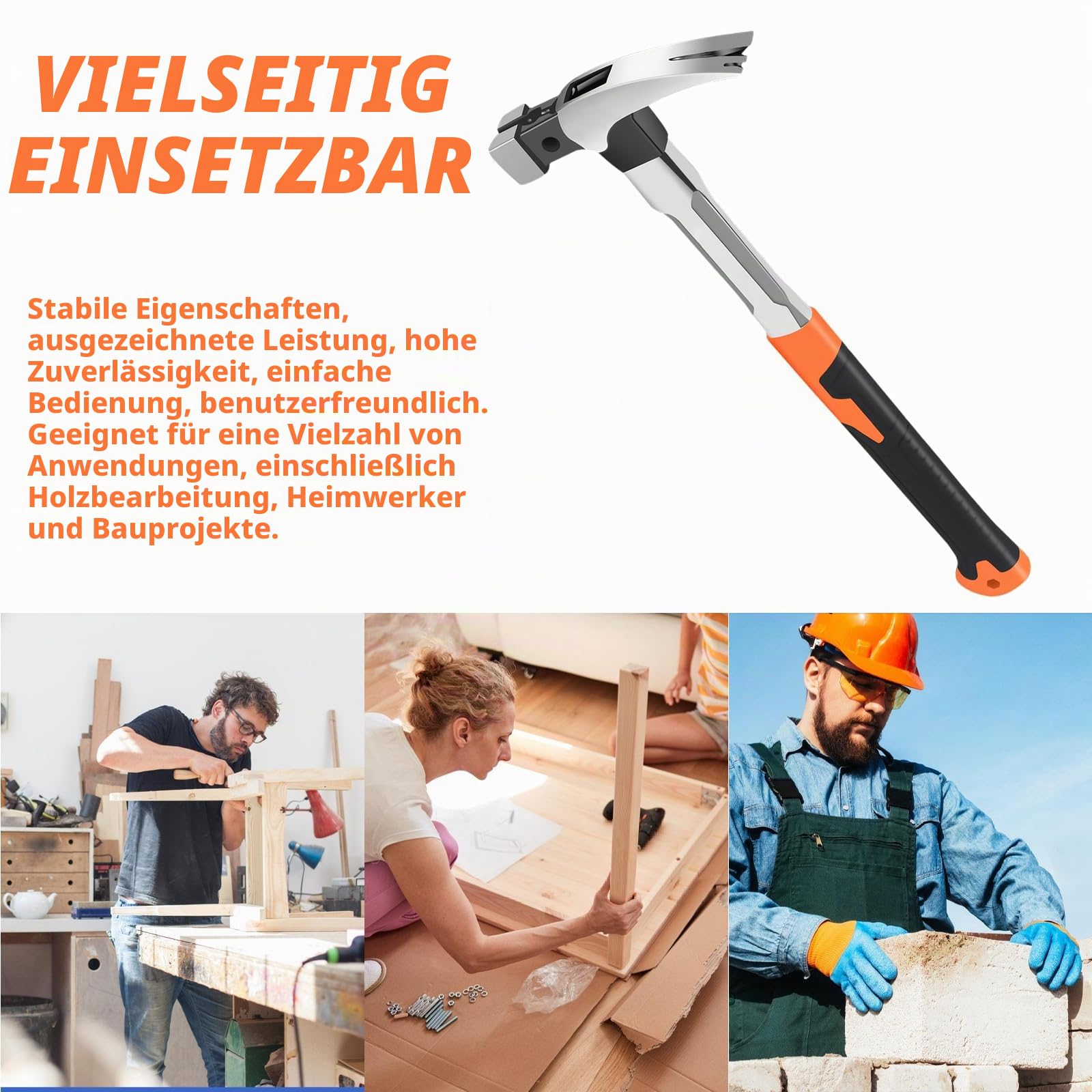 Klauenhämmer 720g, Latthammer mit Magnetischem, Rutschfester Zimmermannshammer mit Verlängerter Edelstahlgriff, Hammerwerkzeug Schreiner-Metall