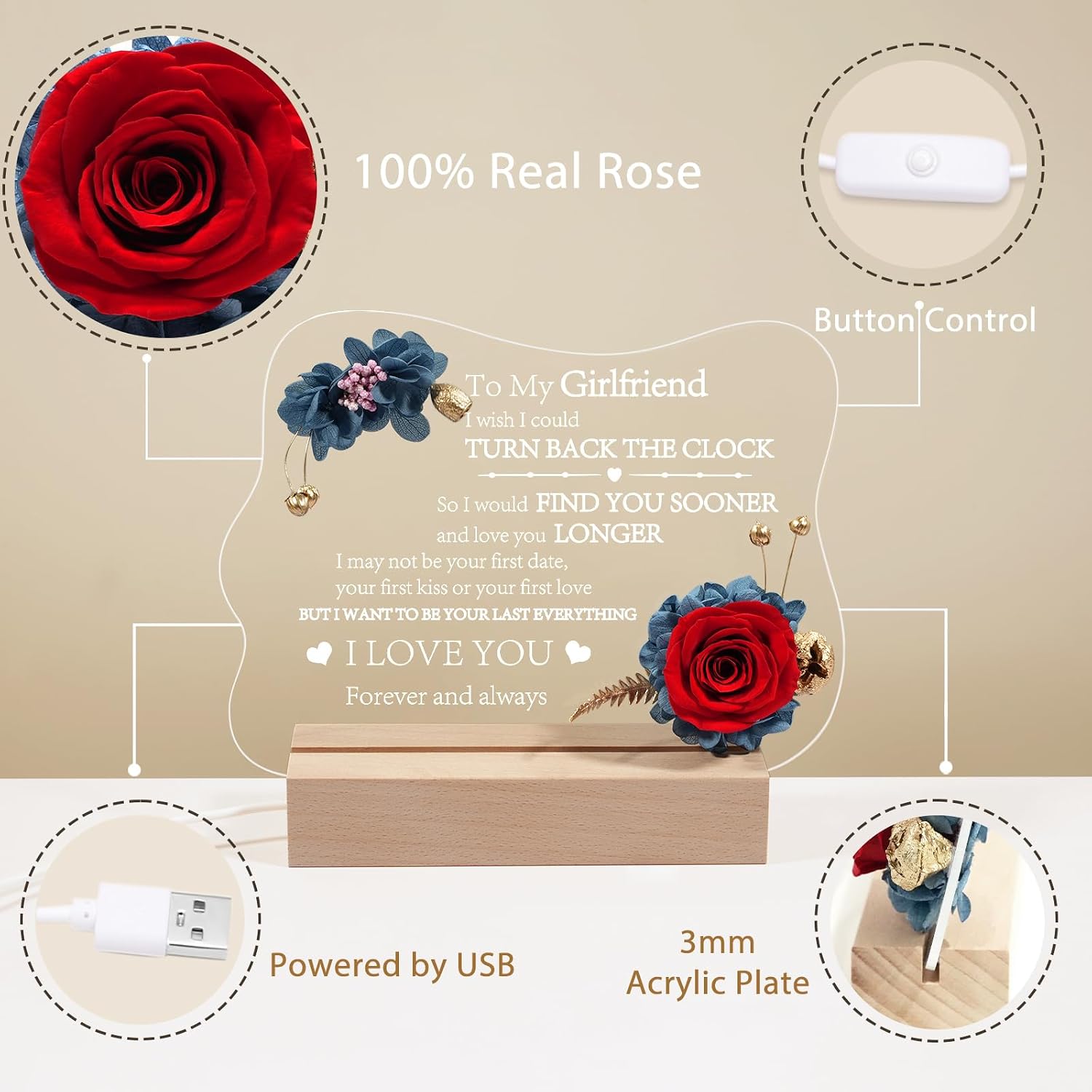 Yamonic Valentines Day Gifts for Her, Handmade Acrylic Plaque with Eternal Real Rose, Night Light with Preserved Rose Romantic Gifts for Girlfriend Wife Women (to My Girlfriend), 2UYRL3