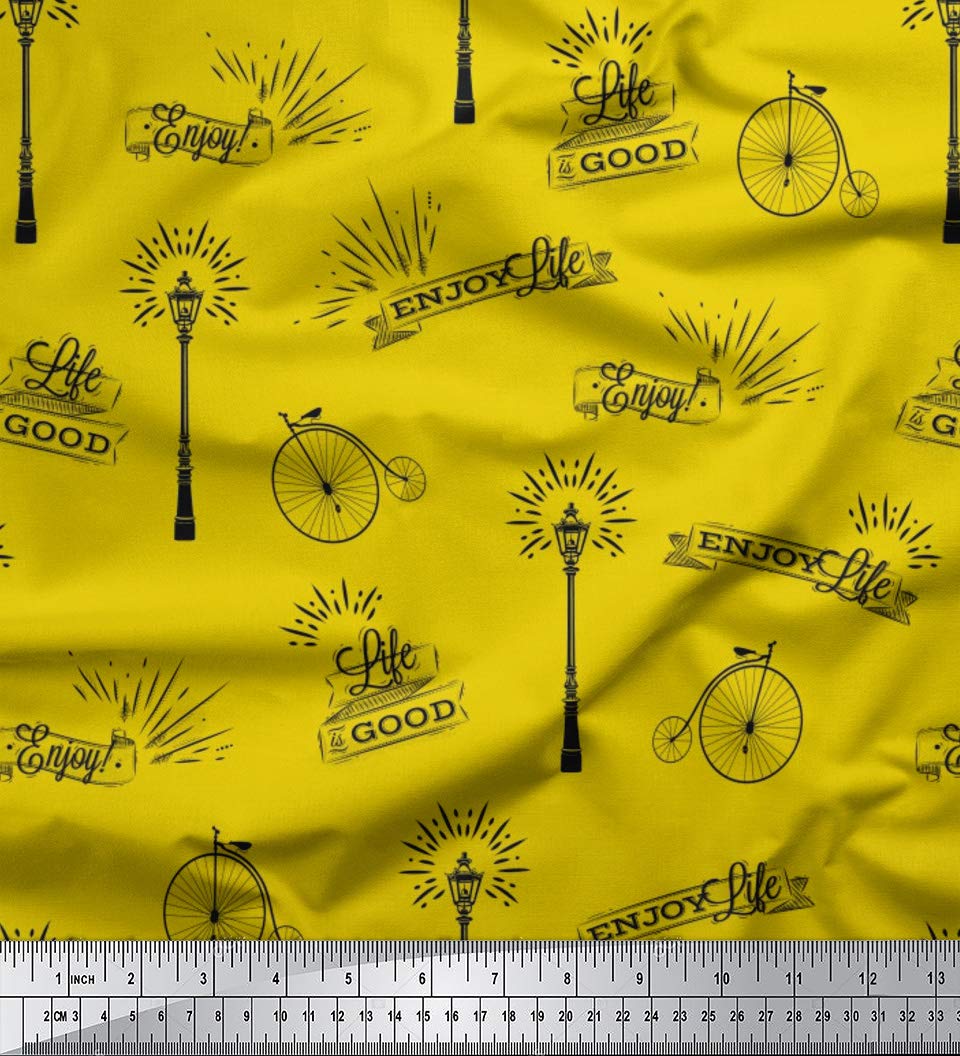 Soimoi Yellow Silk Fabric Street lamp & Vintage Cycle Text Print Fabric by Meter 42 Inch Wide