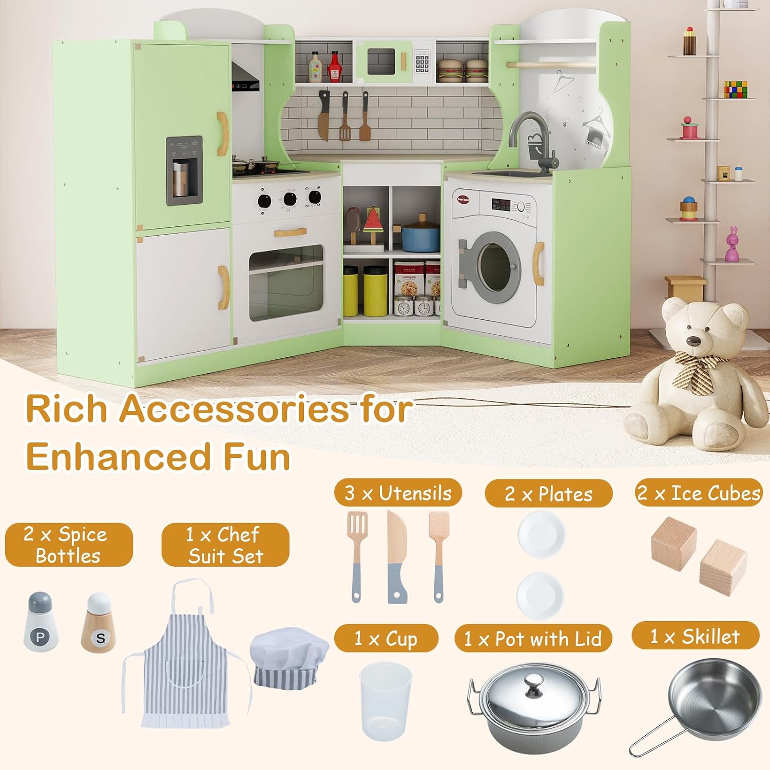 KOTEK Corner Play Kitchen, Wooden Kids Toy Kitchen w/Sound & Light, Range Hood, Ice Maker, Washing Machine, Microwave, Oven, Sink, Chef Suit, Interactive Kitchen Playset for Toddlers (Green)