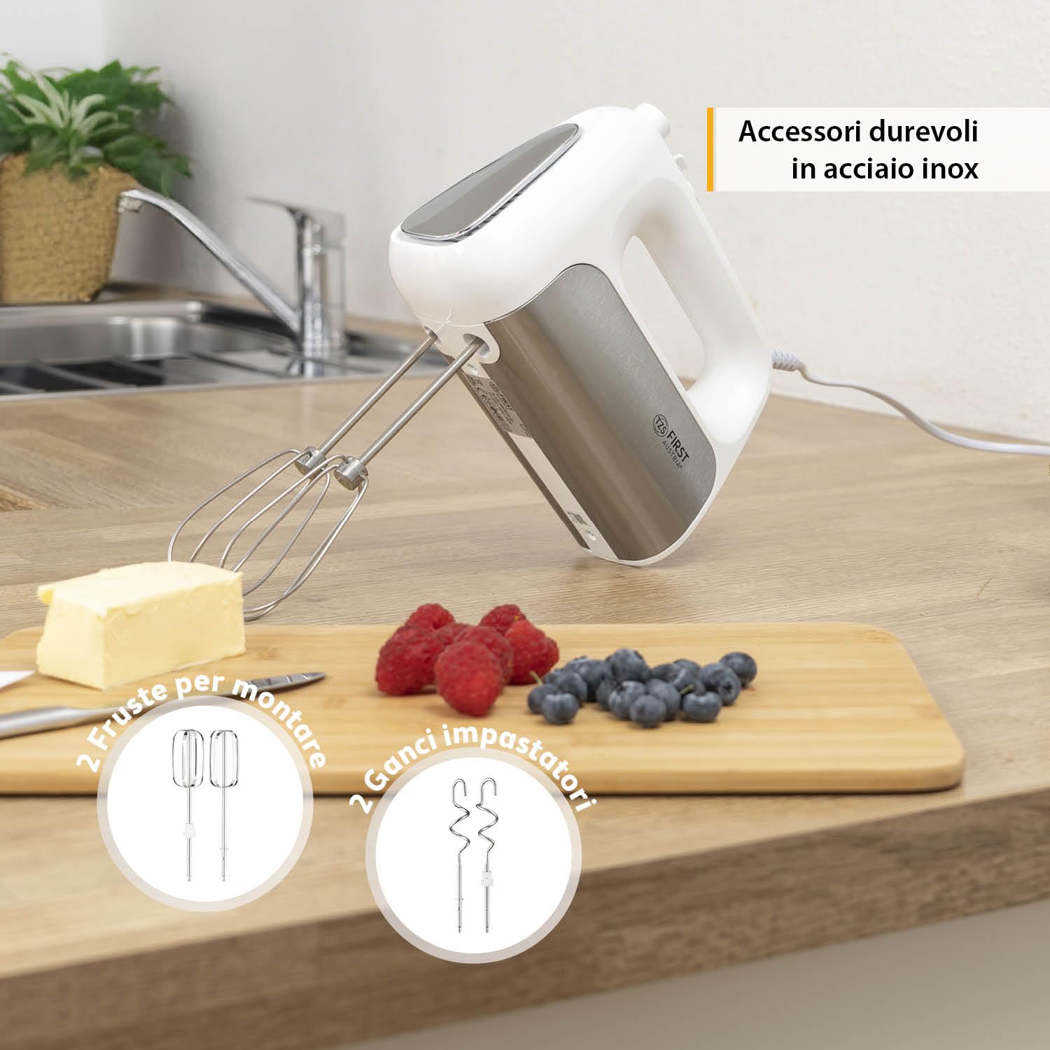 TZS First Austria mixer 2 in 1, mano e stand, 3,4L, 500W, 5 velocità, funzione turbo, fruste e ganci impasto inclusi