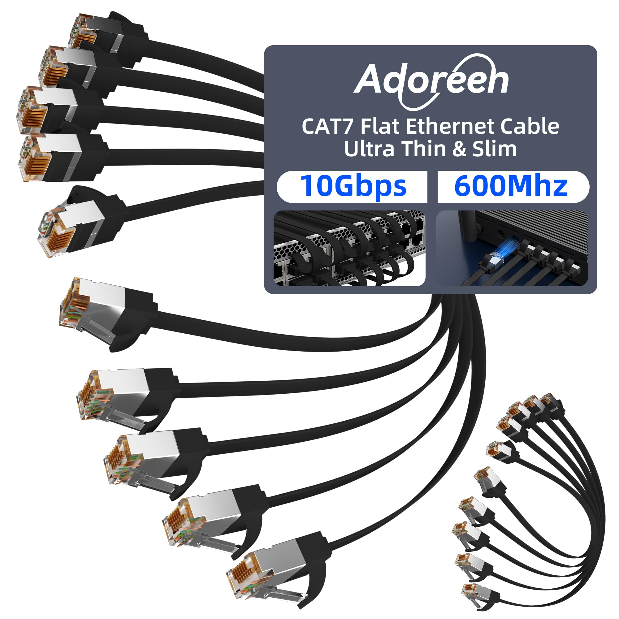 Adoreen Cat 7 Flat Ethernet Cable 1 Ft/10 Pack, High-Speed Shielded Internet Network Cable with Low Profile&Compact RJ45 Connector, Thin Slim Short Cat 6E 6A Patch Cord,S/FTP,POE,10Gbps 600MHZ, Black