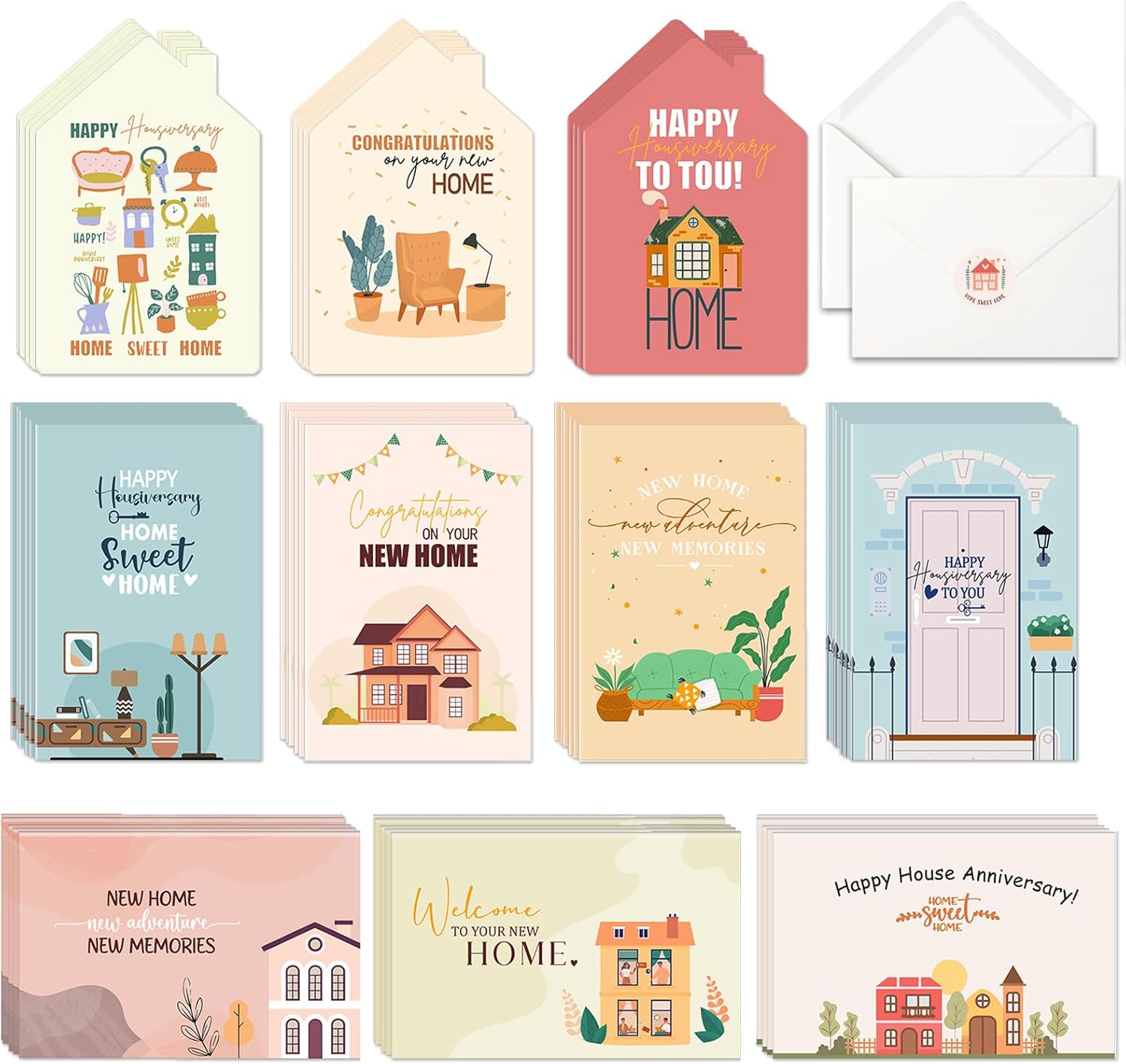 Motiskyy 120 Pcs Happy Home Anniversary Cards 4 x 6 in Real Estate Agent Supplies Closing Gifts Thank You Notes Bulk Blank New Home Card Congratulations Welcome House with Envelopes and Stickers